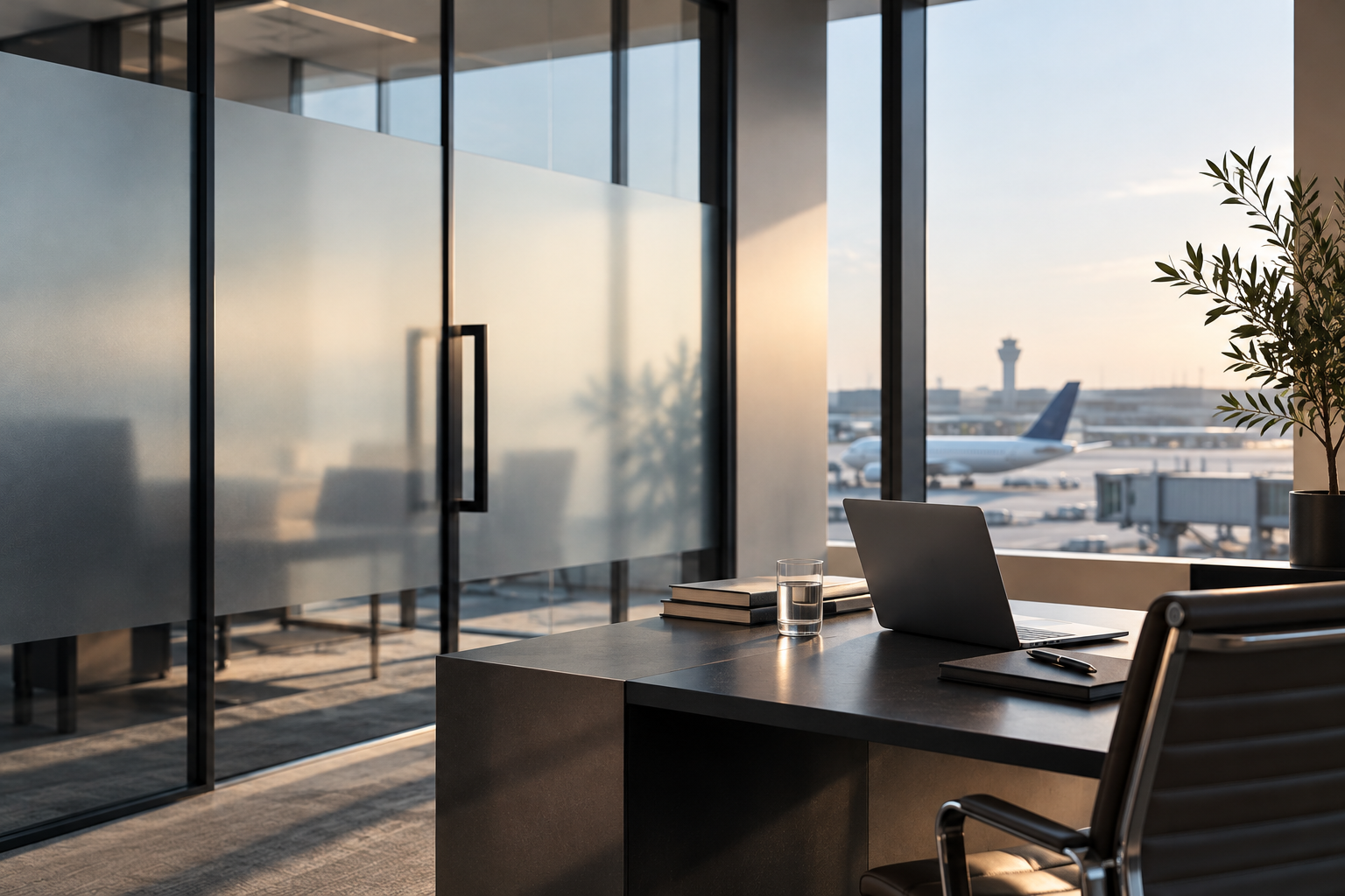 Modern private aviation advisory workspace with frosted glass partitions, a laptop on the desk and an aircraft visible through airport-facing windows.