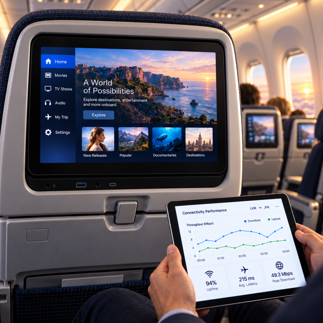 Modern aircraft cabin featuring a seatback inflight entertainment system and tablet displaying connectivity performance metrics for independent IFEC evaluation.