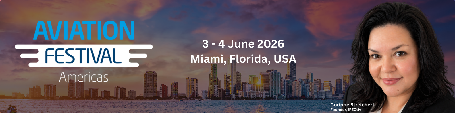 Aviation Festival Americas logo with date 3-4June 2026 with image of Corinne Streichert