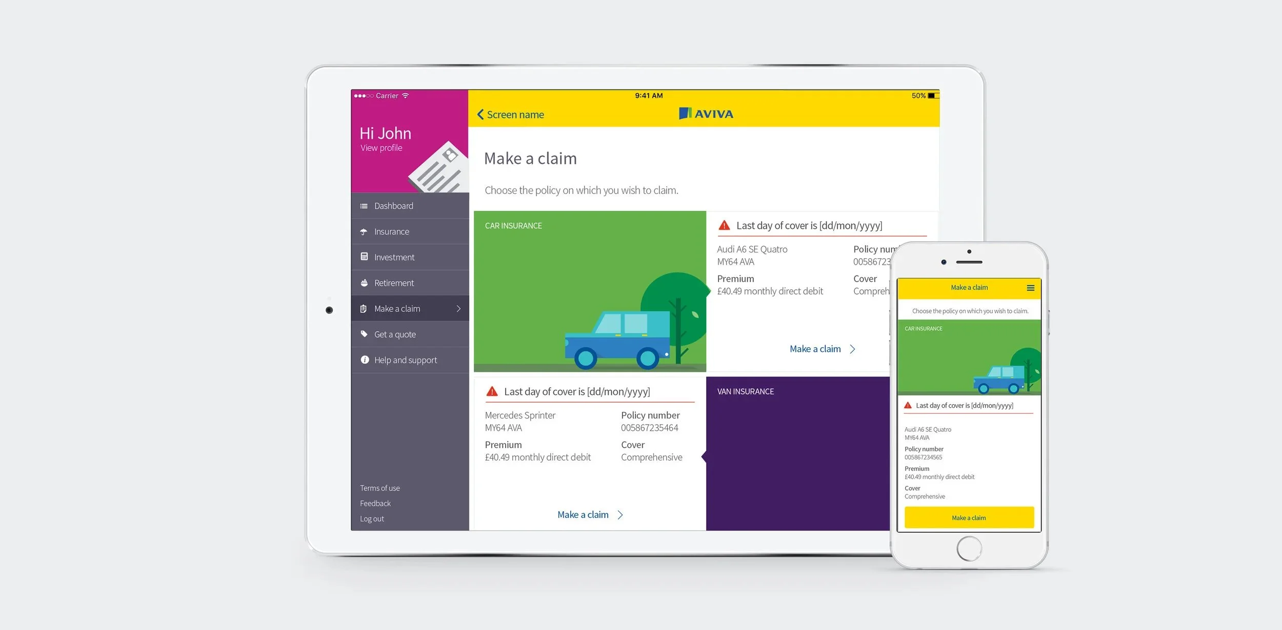 MyAviva - Dashboard, Making a claim and registration screen - web & app