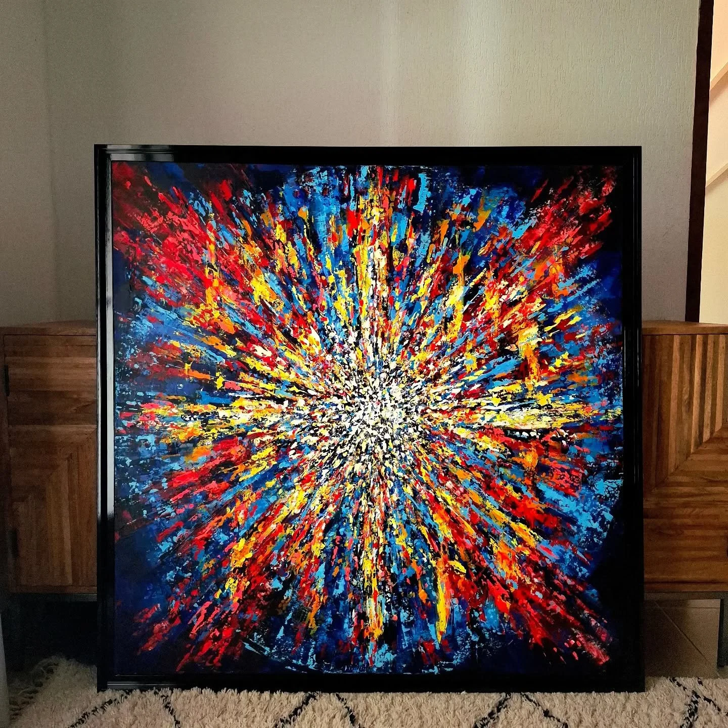 Voici Big Bang &ndash; Le temps
110 x 110 cm &middot; Technique mixte

Une &oelig;uvre qui parle de la cr&eacute;ation de la vie comme un premier souffle, et qui nous rappelle l'&eacute;nergie que nous portons en nous &agrave; chaque instant ❤️💙💛🤍