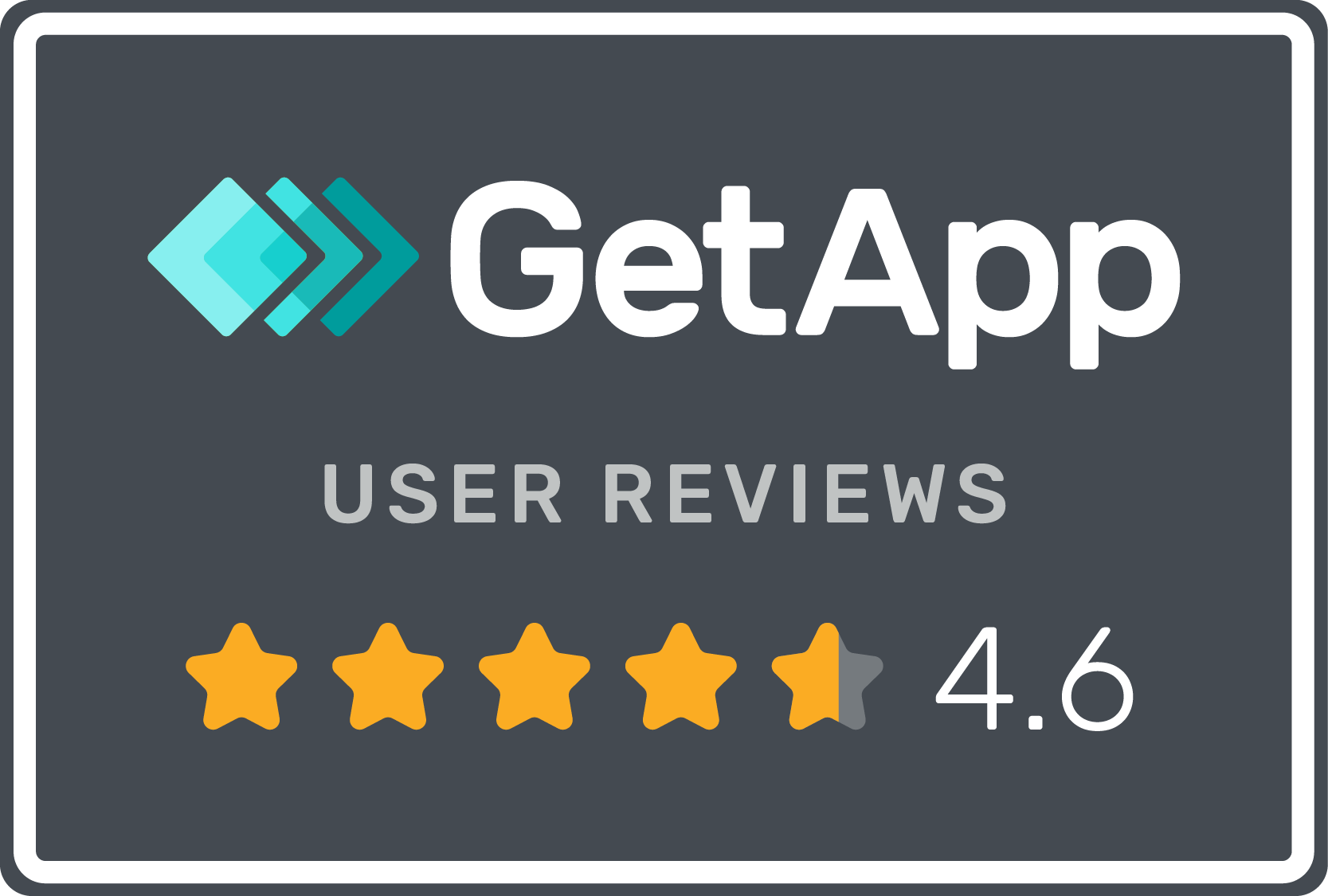 A digital graphic with the 'GetApp' logo, displaying user reviews with a 4.6-star rating out of 5.