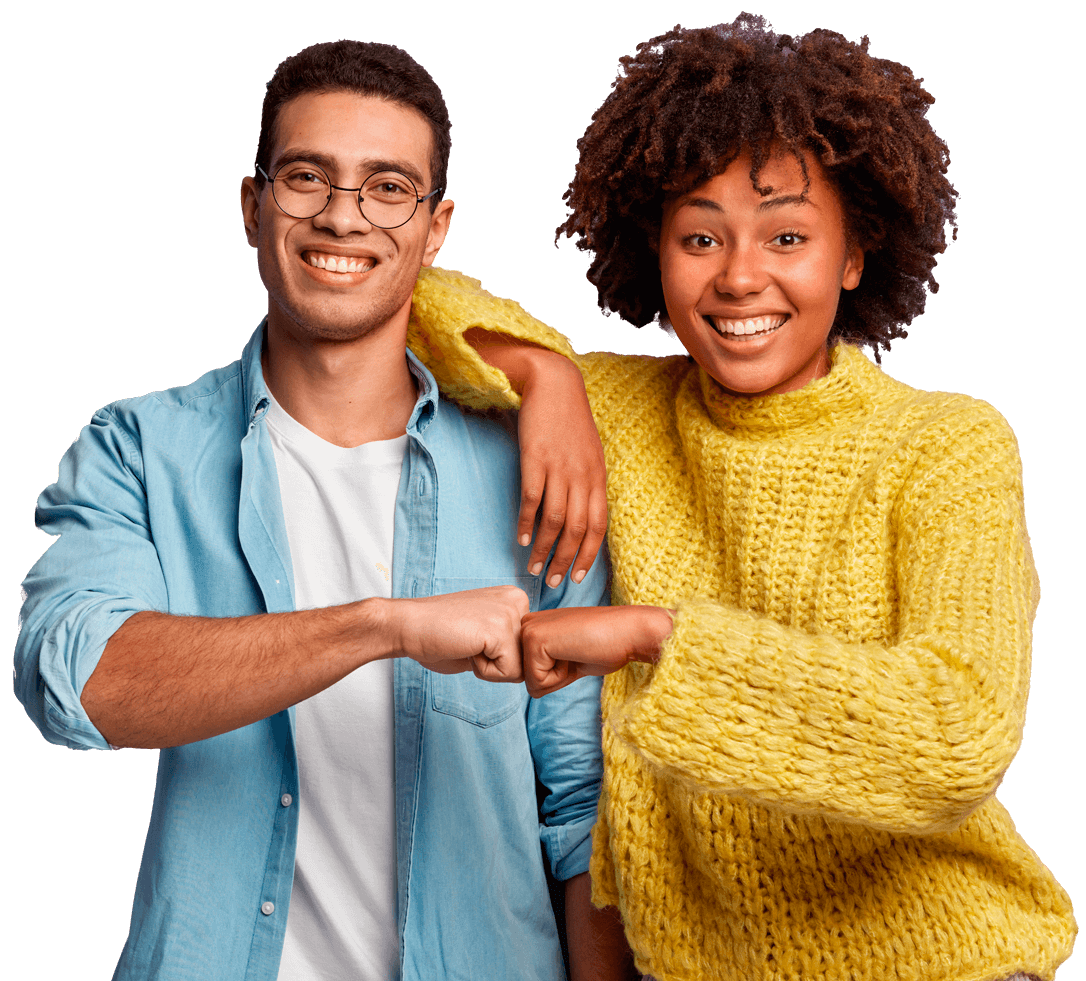 A man and woman smiling and touching fists in a friendly gesture, with the woman resting her arm on the man's shoulder, against a black background.