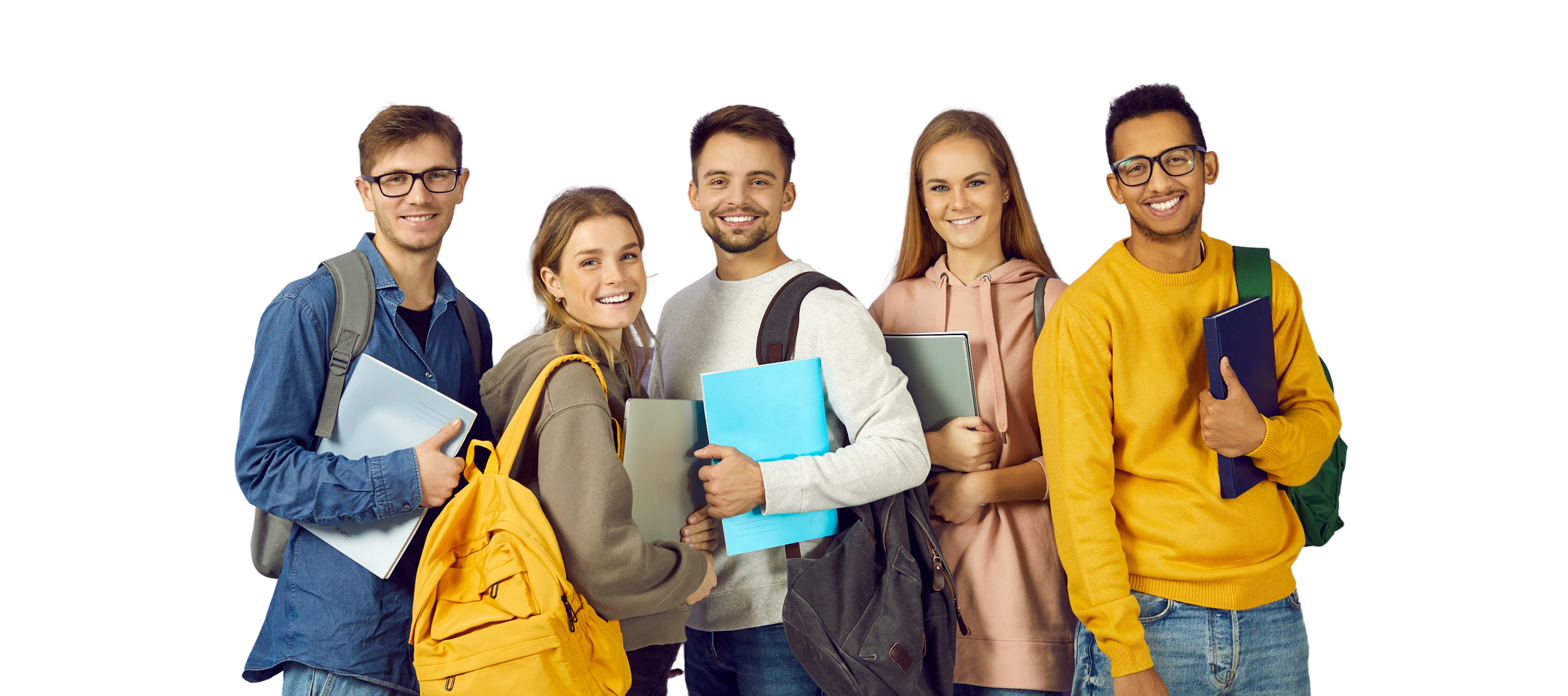 Group of five diverse college students smiling and holding books and notebooks.