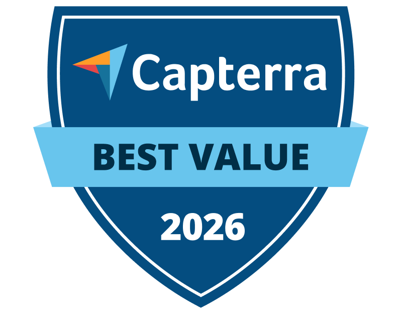 Capterra Best Value 2026 award badge with a blue shield, a colorful arrow logo, and a blue ribbon banner.