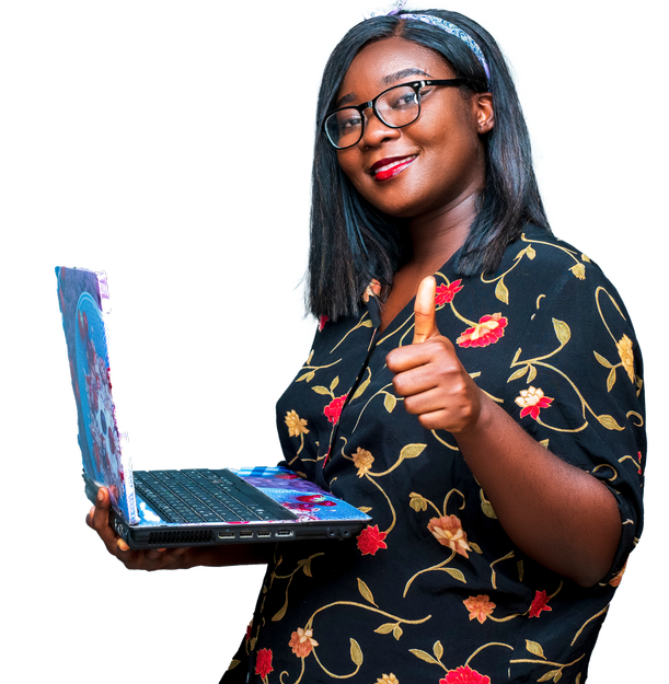 A woman with glasses, dark hair, and a black floral shirt holding a colorful laptop and giving a thumbs-up sign.