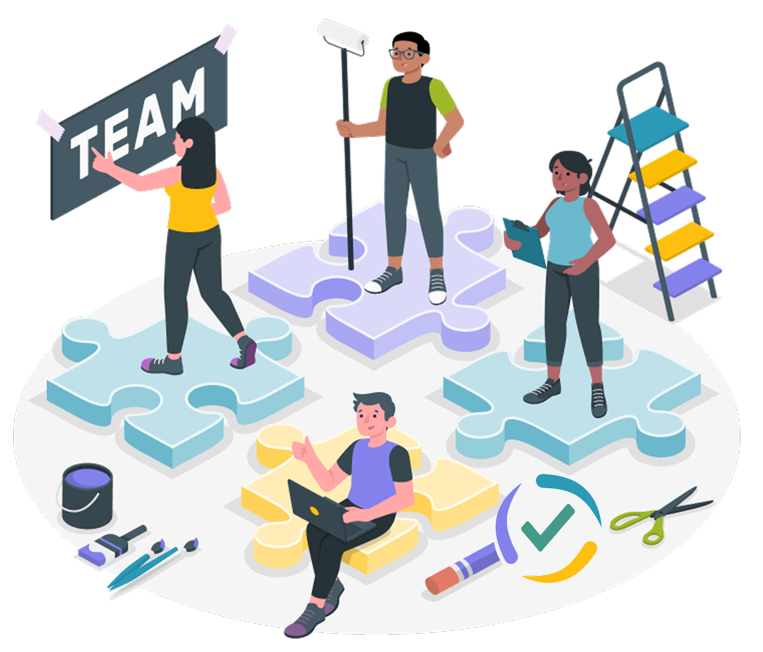 Four people assembling a puzzle, one is holding a "TEAM" sign, another has a tablet, and a third is sitting with a laptop. There are painting tools, scissors, and a colorful ladder.