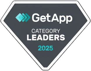 A logo resembling a superhero emblem with a black background, featuring the text "GetApp Category Leaders 2025" and a blue diamond-shaped icon.
