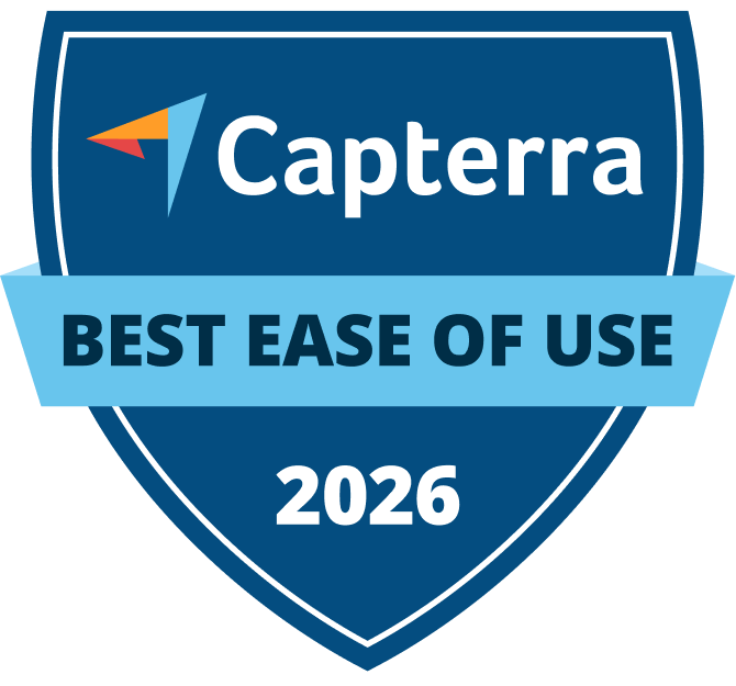 Capterra badge with blue shield, featuring the text "Best Ease of Use 2026" and a multicolored arrow logo.