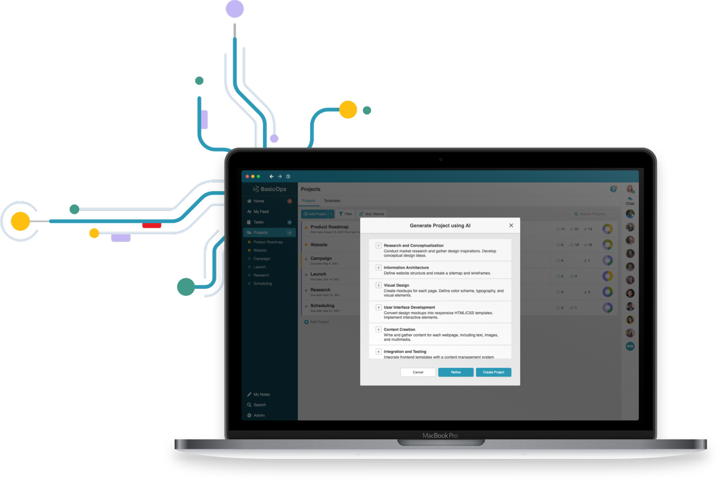 A MacBook Pro displaying a project management software interface with a popup titled 'Generate Project using AI,' listing steps for project creation, with colorful circuit-like illustrations and lines emanating from the left side of the screen.