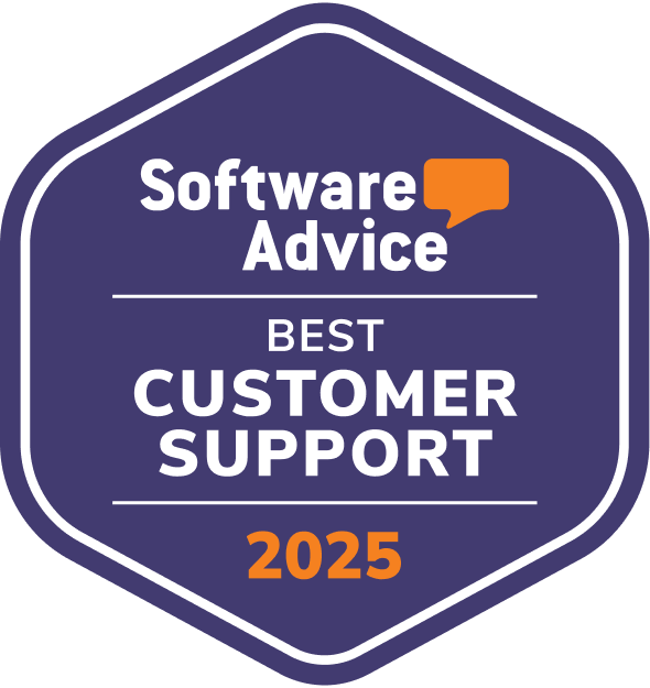 Badge with text: Software Advice, Best Customer Support 2025 in a shield shape with purple background and orange accents.