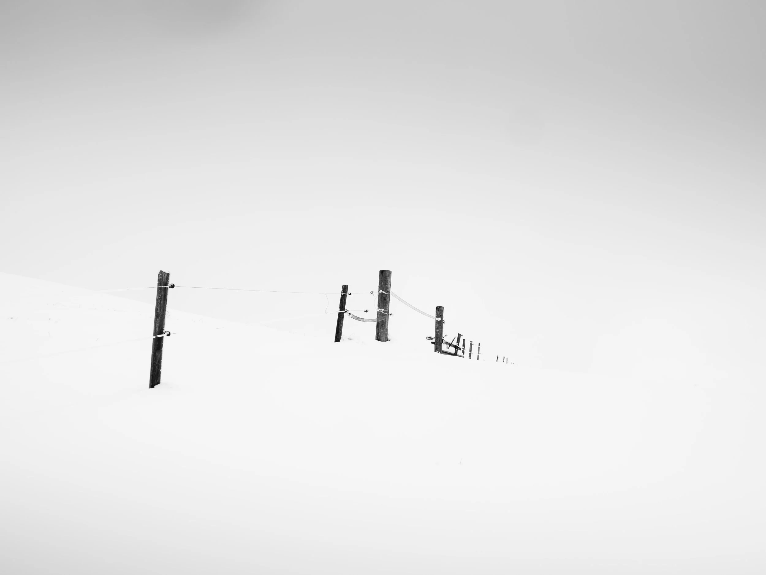 Schneebedeuchte Landschaft mit einem schiefen Zaun, der sich in die Ferne erstreckt.