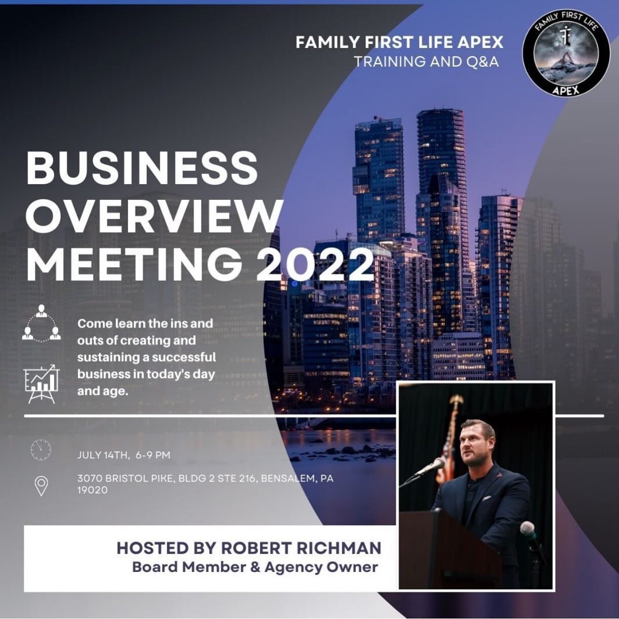 🚨TOMORROW🚨 Come join us tomorrow, July 14th, in Bensalem, PA for our 2022 Business Overview Meeting! Rob Richman, Apex agency owner, will be sharing how you can create and sustain a successful business in today's day and age. Let's go team!💥📈🖊