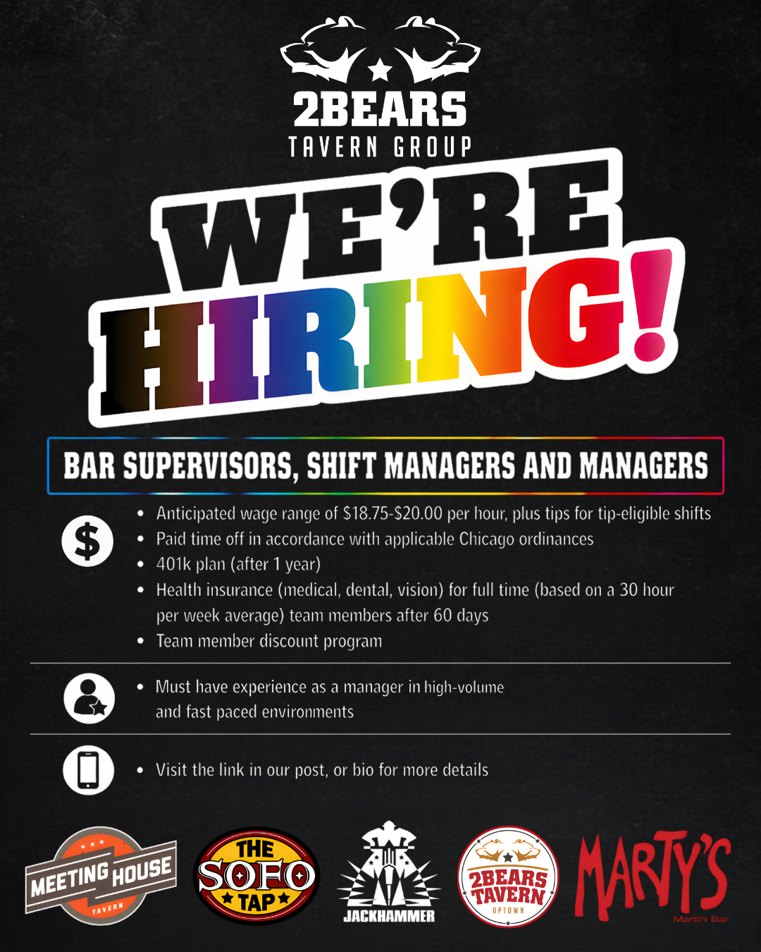 WE’RE HIRING: BAR SUPERVISORS, SHIFT MANAGERS, AND MANAGERS!