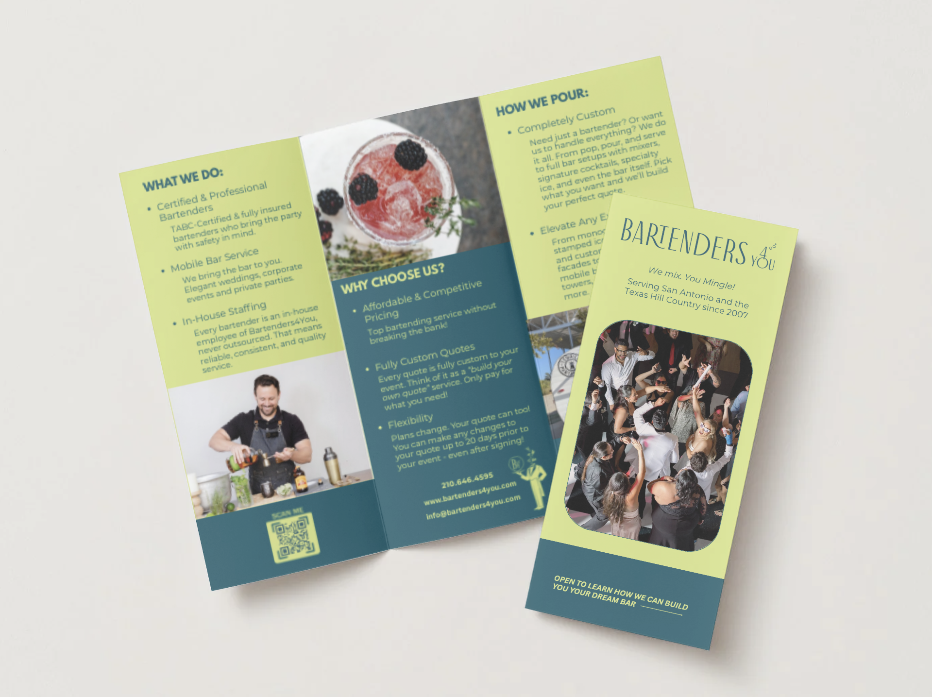 Graphic design, copywriting, and material marketing created for Bartenders4You mobile bartending company. (February 2026)