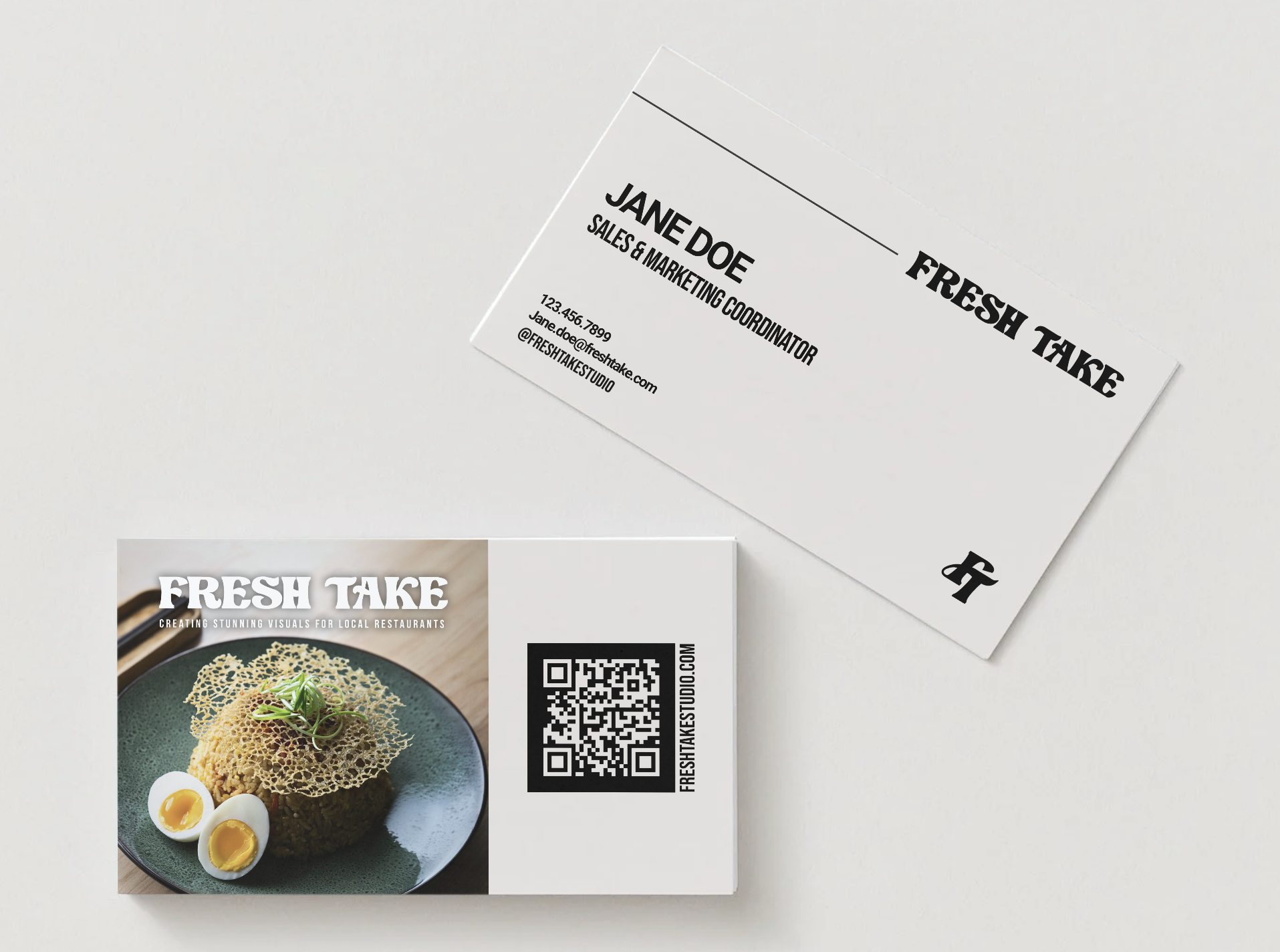 Stamp logo and business cards for a private client/employee in sales for Fresh Take, a media marketing company specializing in restaurants. (Oct. 2025)