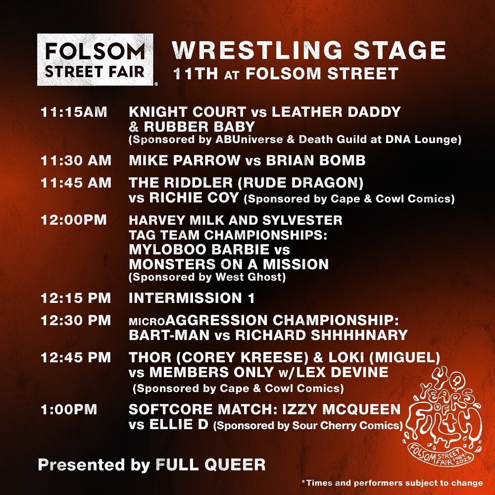 Don&rsquo;t miss the @fullqueer wrestling stage! The bell goes off at 11:15am!

11th Street @ Folsom