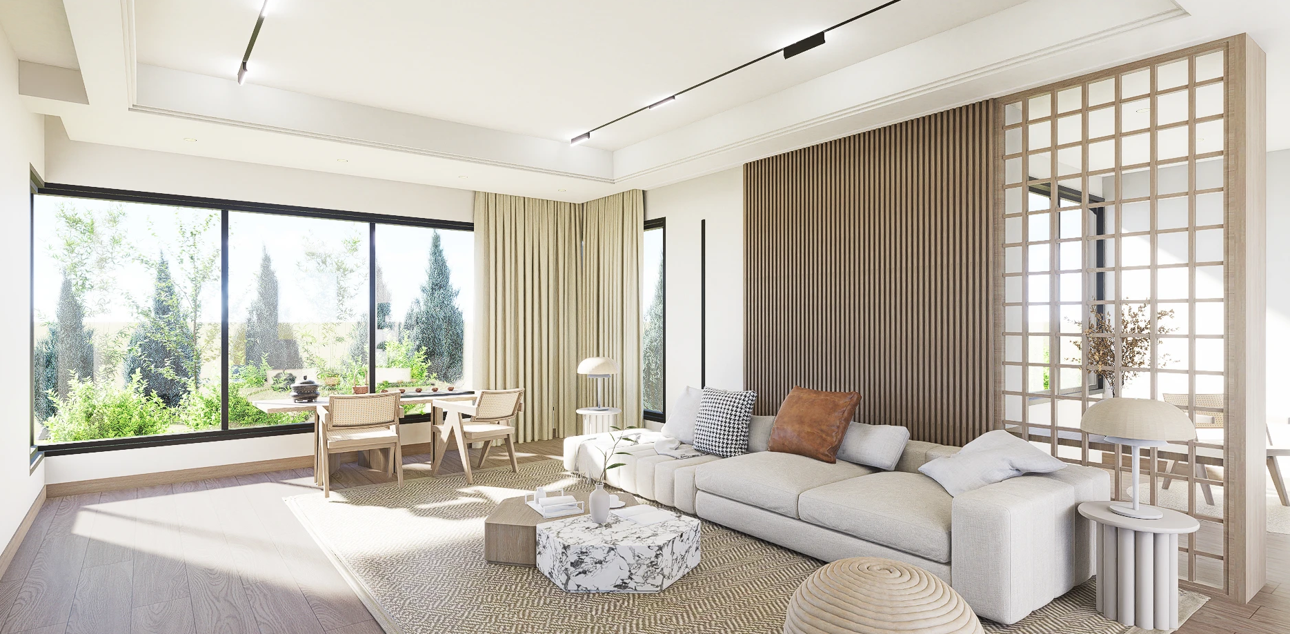 Bright living room with large window, beige couch with throw pillows, marble coffee table, wooden room divider, and a small side table with a lamp.
