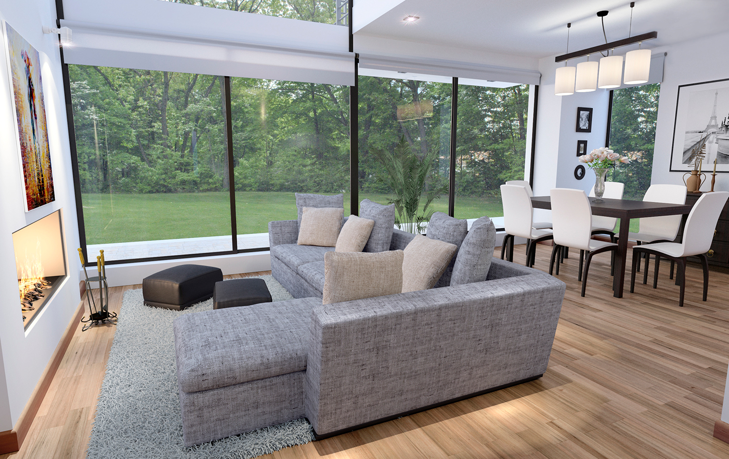 Modern living room with large floor-to-ceiling windows overlooking a green outdoor area, featuring a gray sectional sofa with beige and gray pillows, a white shag rug, a black fireplace, and a patio with black furniture outside. The dining area has a dark brown table with eight white chairs, a chandelier with five white shades, and wall art including a black-and-white image of the Eiffel Tower.