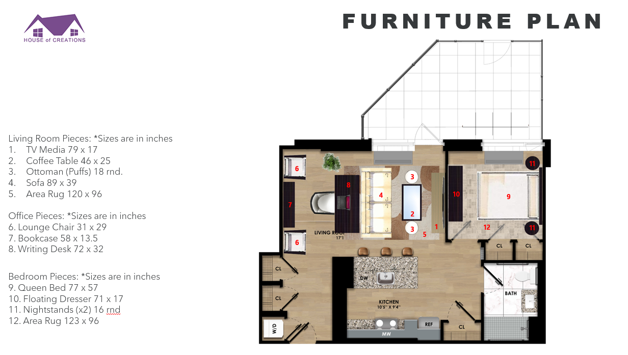 Floor plan of a living space with furniture and room labels, including a living room, kitchen, bedroom, bathroom, and office area, with dimensions provided for each furniture piece.