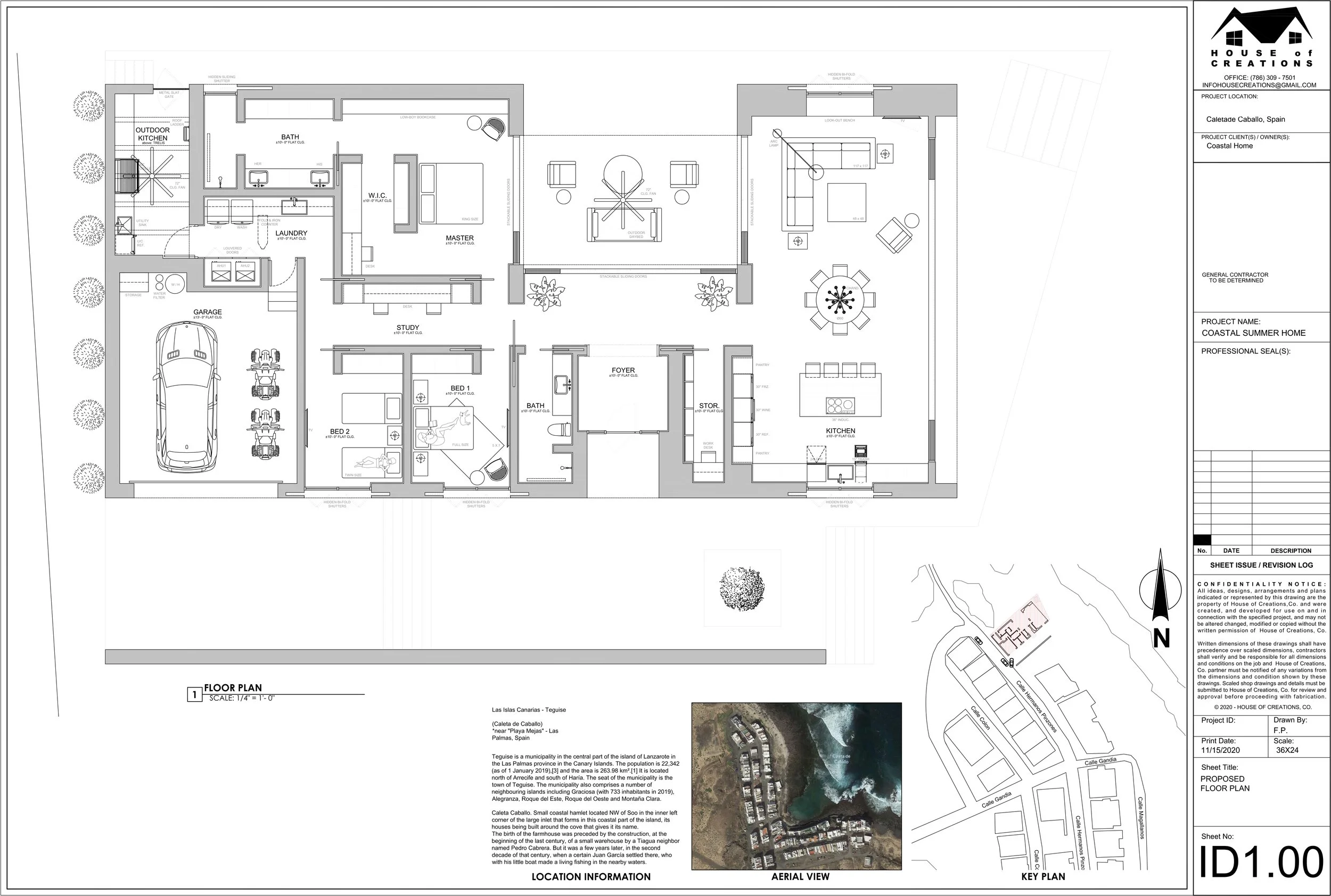 Architectural floor plan of a coastal summer home, showing layout of rooms including garage, bedrooms, bathrooms, kitchen, living room, outdoor kitchen, laundry, study, and master bedroom, with a small aerial view map of the location in Caleta Caballo, Spain.