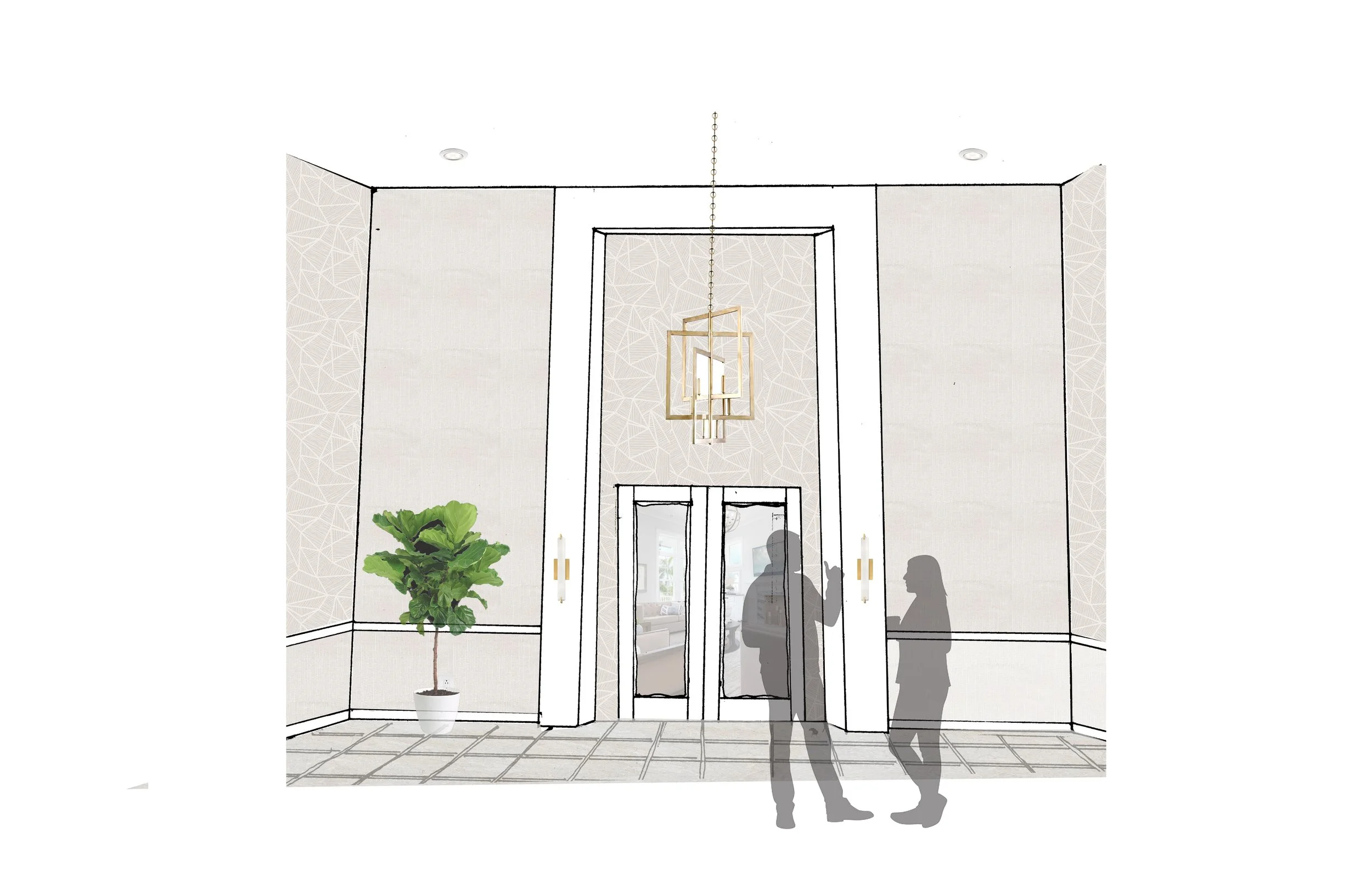 Interior lobby with double glass doors, a large potted plant on the left, modern chandelier hanging from the ceiling, and two silhouettes of people near the entrance.