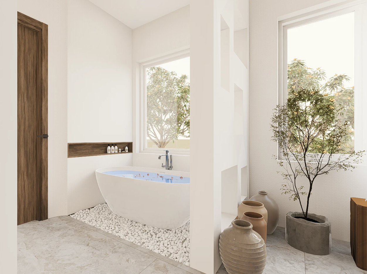 Modern bathroom with a bathtub filled with water and floating flowers, large windows with trees outside, and decorative vases and a potted plant inside.