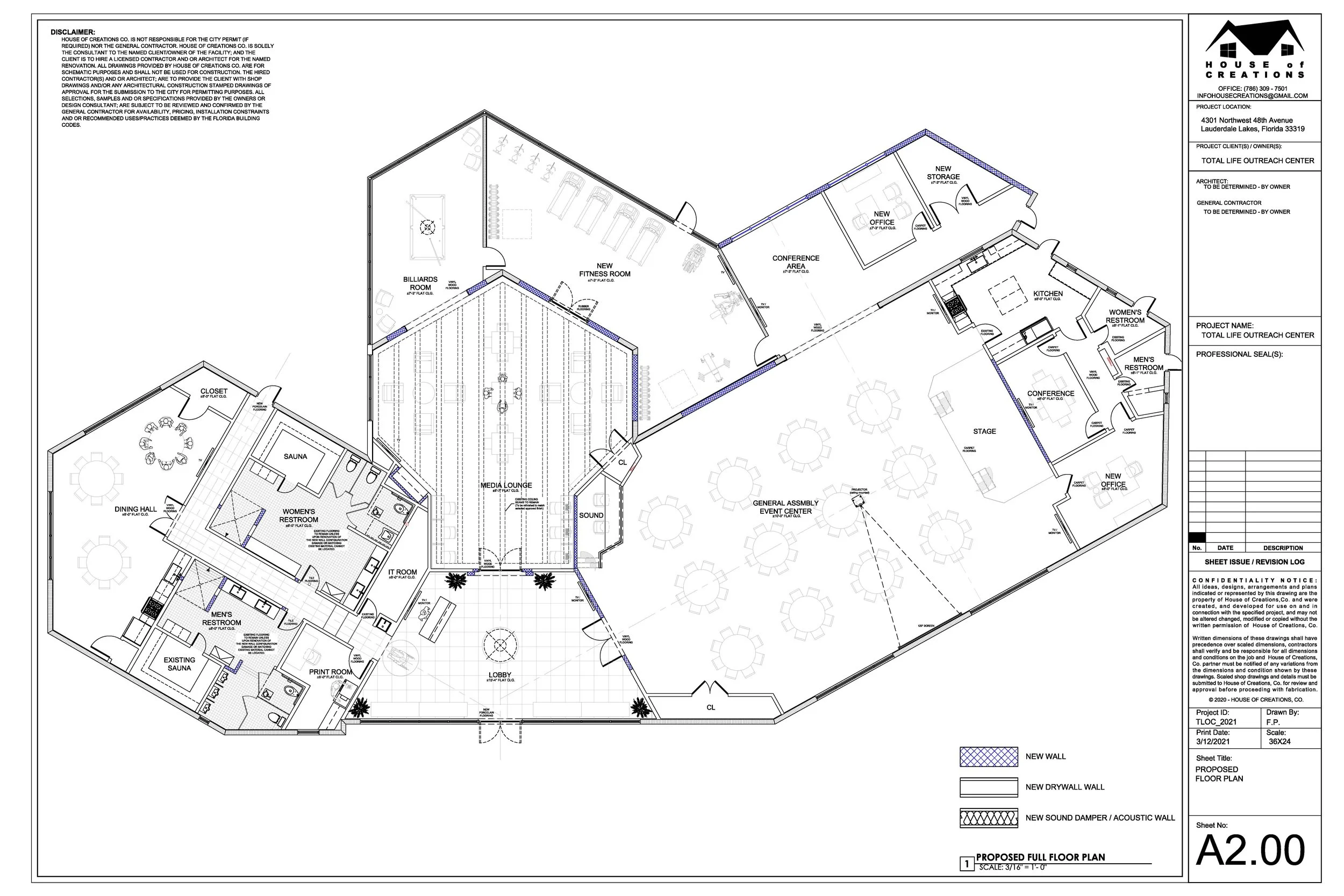 Blue and black architectural floor plan of a community building with labeled rooms including a lobby, media lounge, conference areas, restrooms, kitchen, storage, fitness room, and event space.