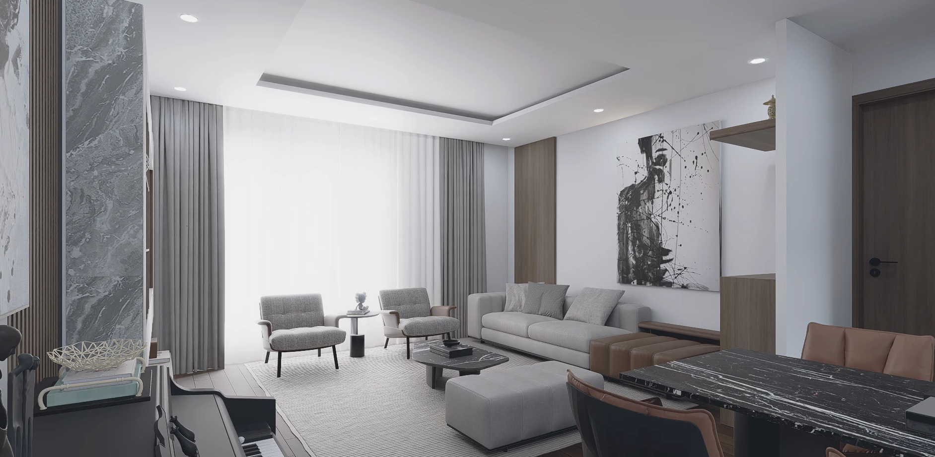 Modern living room with gray sofa, two gray armchairs, black marble coffee table, light-colored area rug, dining table with brown leather chairs, abstract black and white wall art, wood panels, white curtains, and a marble accent wall.