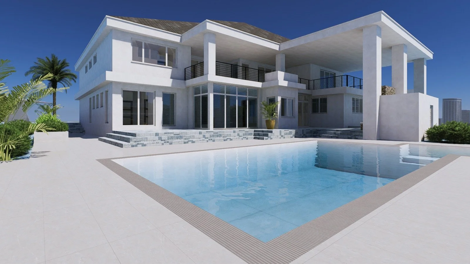 Modern white two-story house with large glass windows, outdoor patio, and swimming pool in the backyard, surrounded by tropical plants and clear blue sky.
