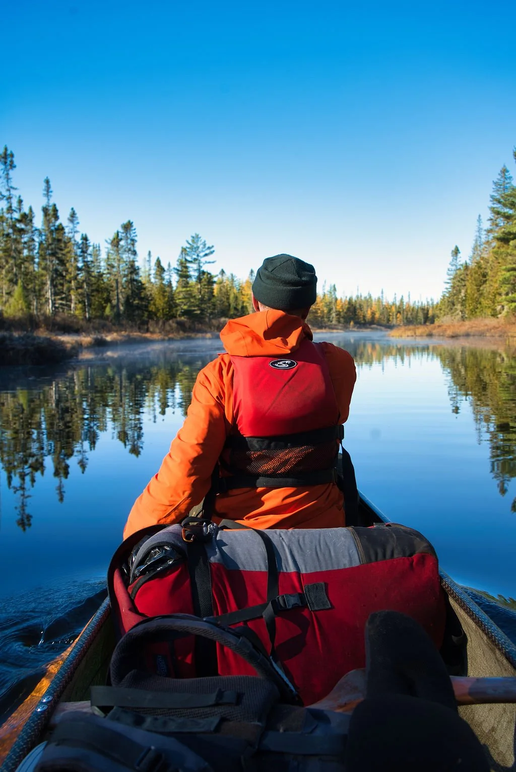 Person paddling a canoe on a calm river surrounded by trees with clear blue sky