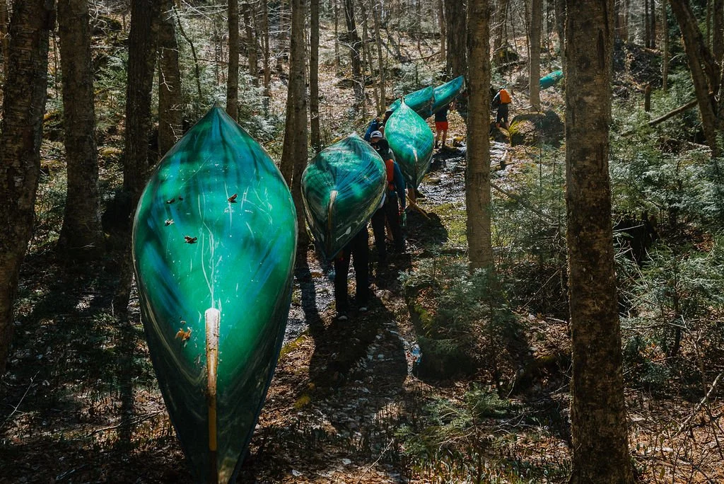 A line of people carrying teal canoes through a forested trail.