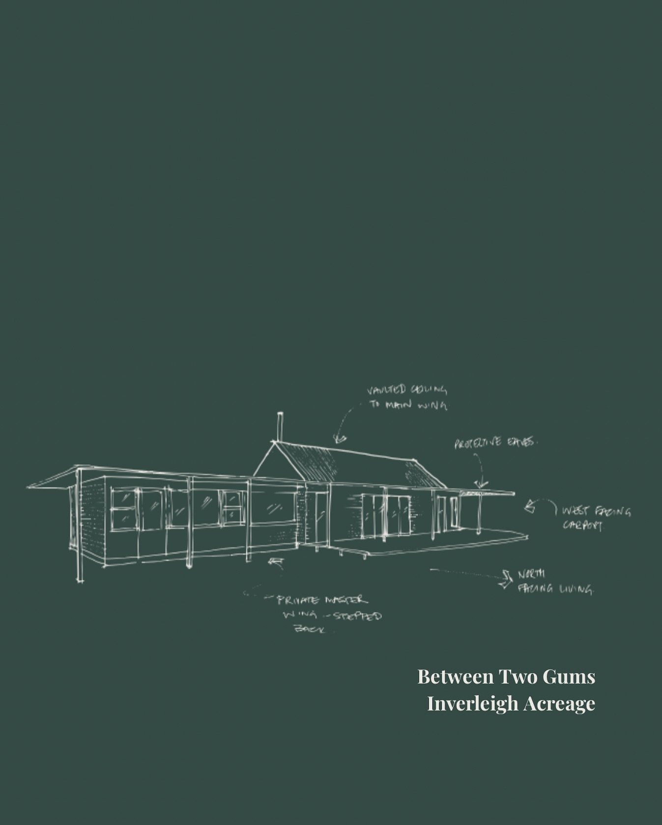 Between Two Gums was a concept for a family home set on a large block of land. 
Thorough site analysis and spatial planning resulted in a farmhouse with the bulk of its mass balanced between two mature gums on the property. The vaulted ceiling in th