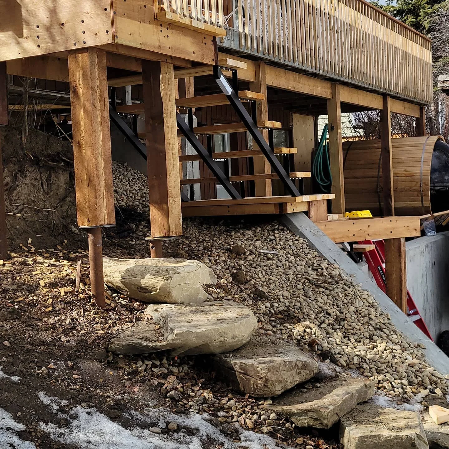 Custom cedar stairs, deck and pergola on its way! #NorrisBeach #pigeonlakedecks eonlakedecks #davepreheim
