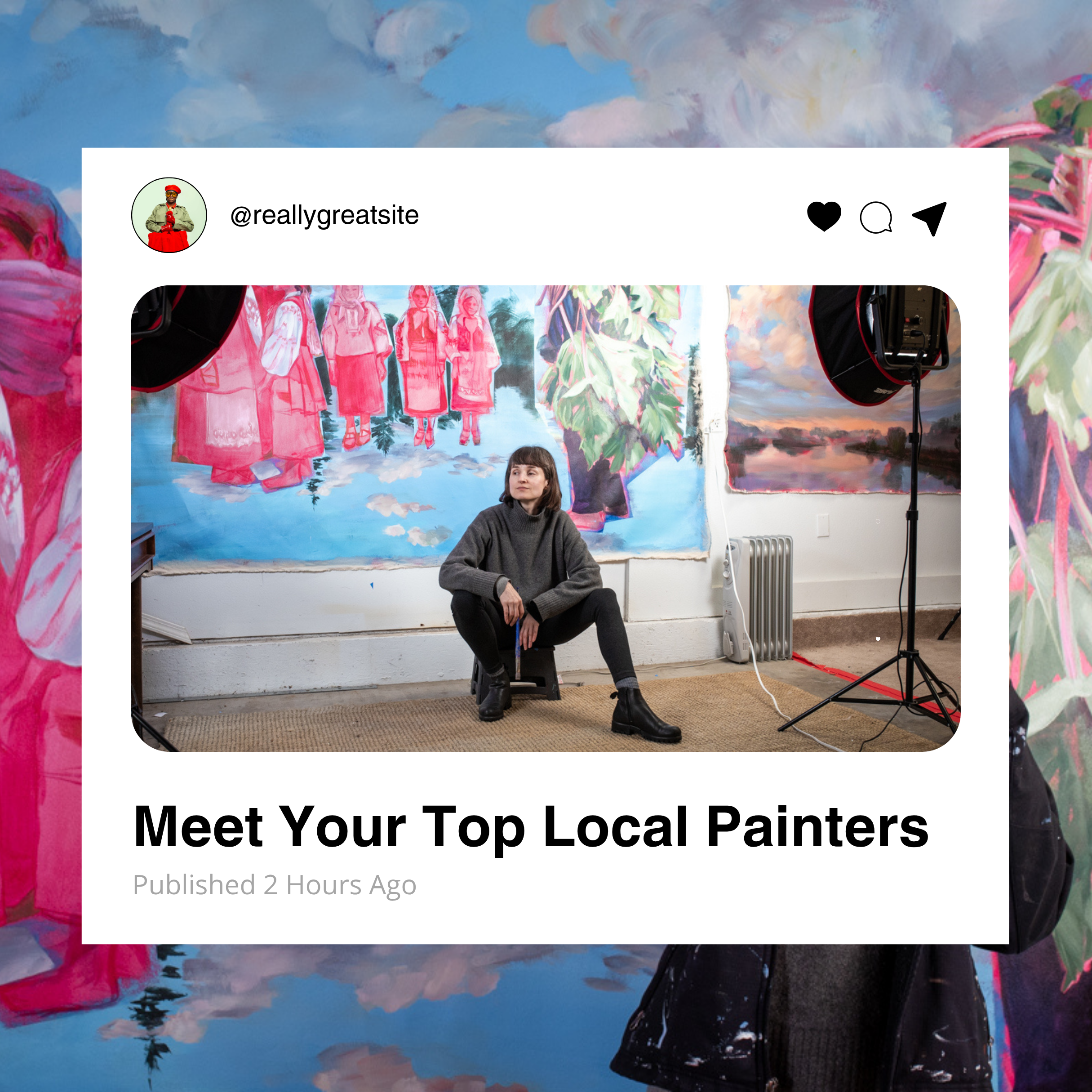 Mock up of Instagram post featuring a local Portland painter.