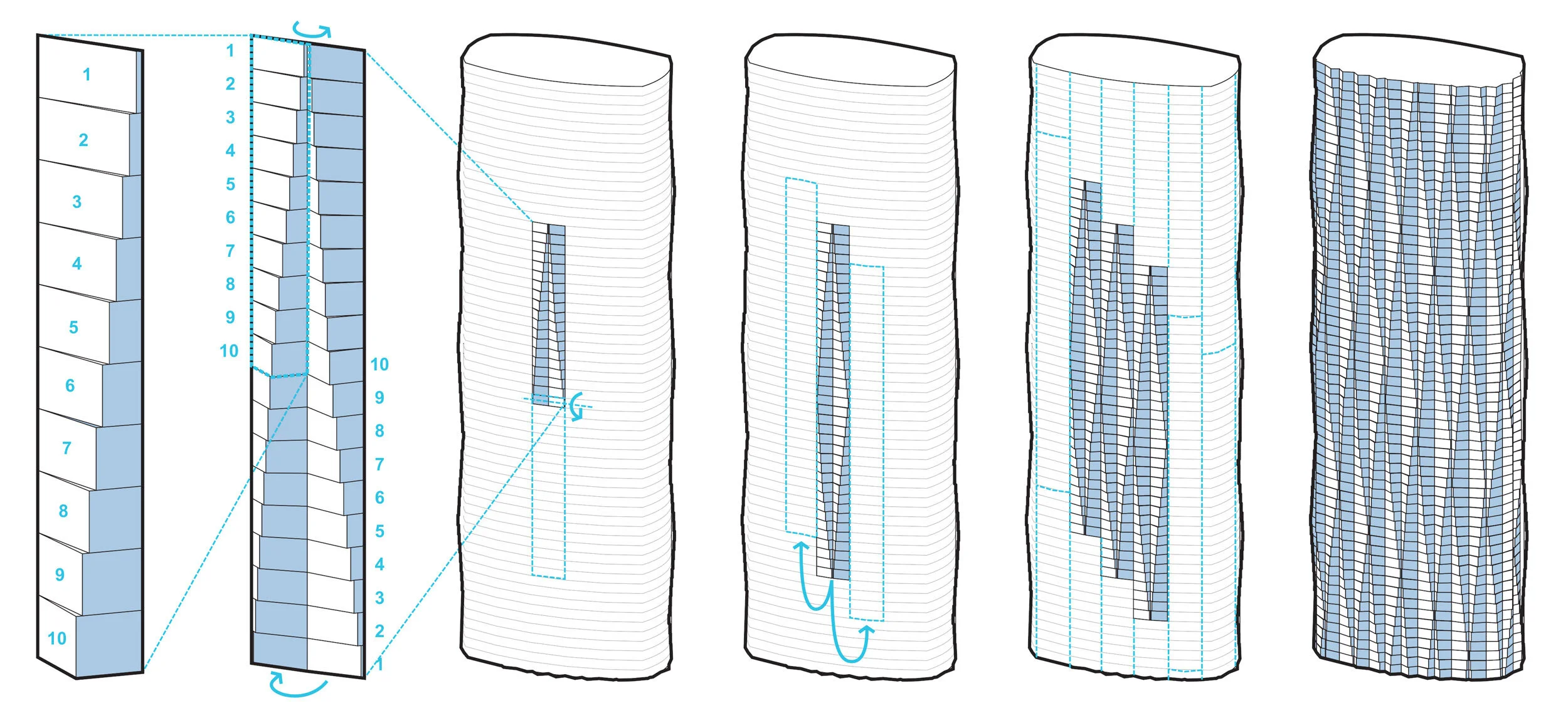 The new facade is composed of 10 repeating modules that aggregate to create a pleated effect across the entire tower.
