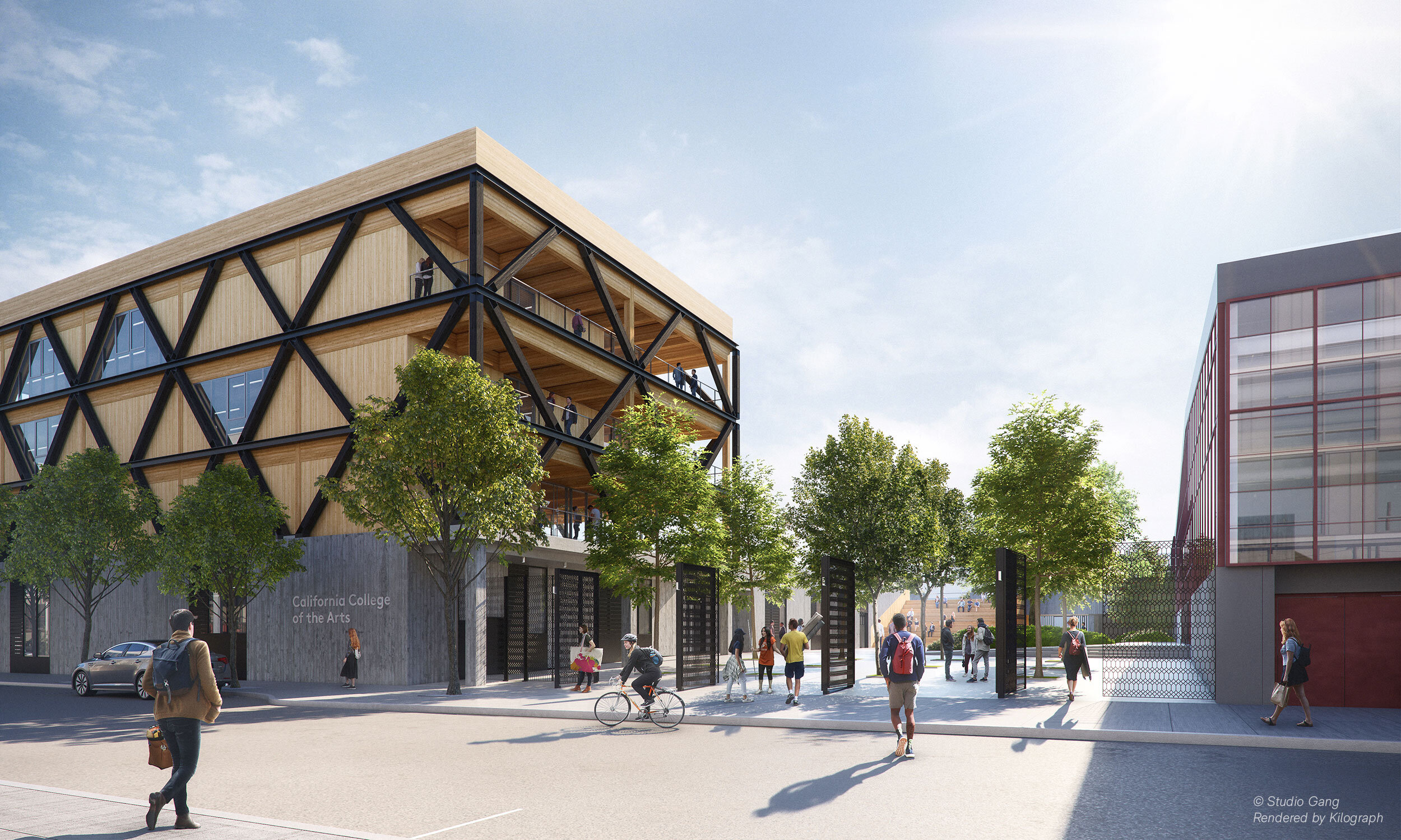 The Campus Yard unites the new campus with the existing academic building.