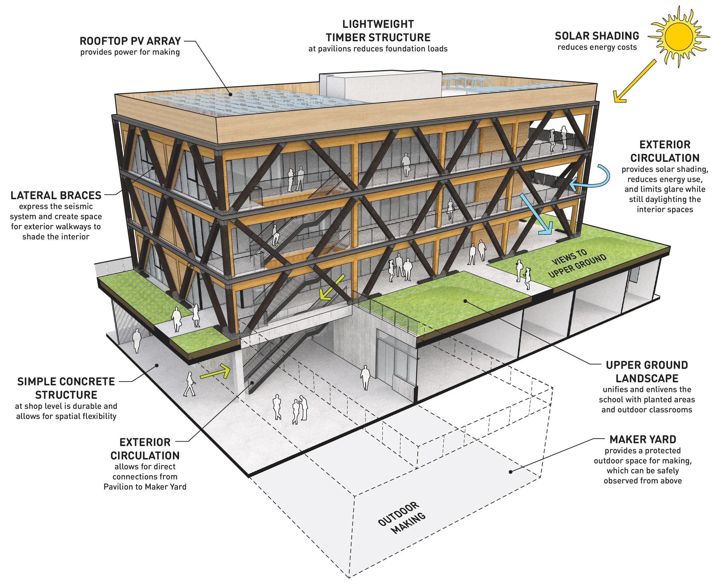 The ground floor concrete structure is strong enough to support the weight of heavy shop equipment and the planted landscape above. The pavilion structure features glulam columns, cross-laminated timber floors, and steel lateral braces with “link bea