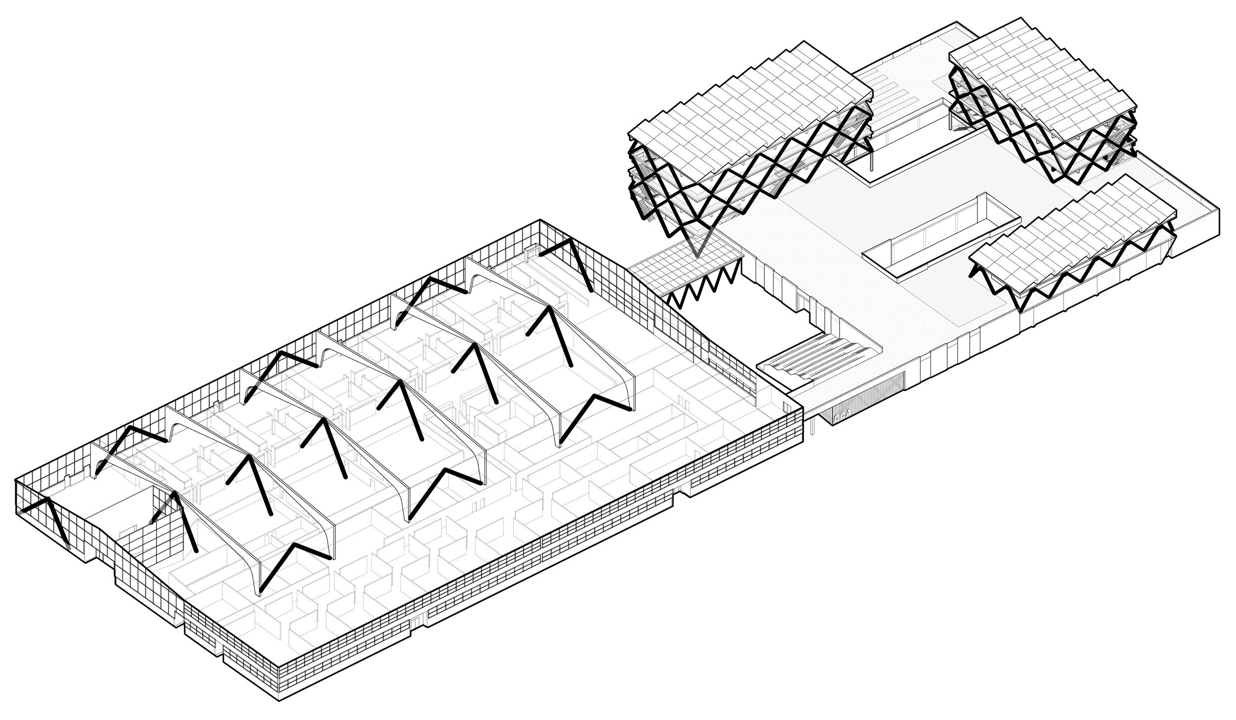 The new building acknowledges the diagonal structural language of the existing campus.