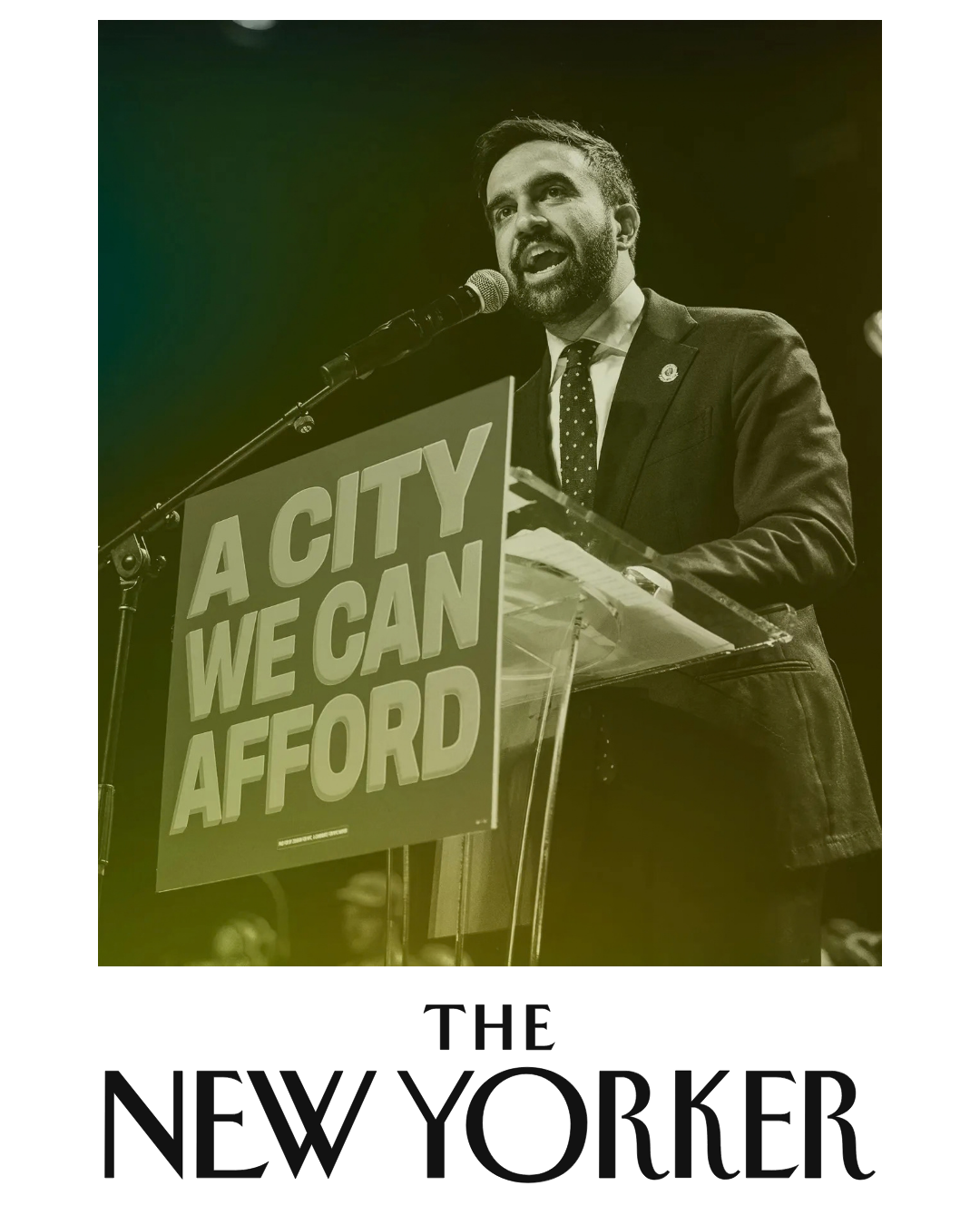 A man in a suit and tie speaking at a podium with a microphone. The podium has a sign that says "A CITY WE CAN AFFORD."