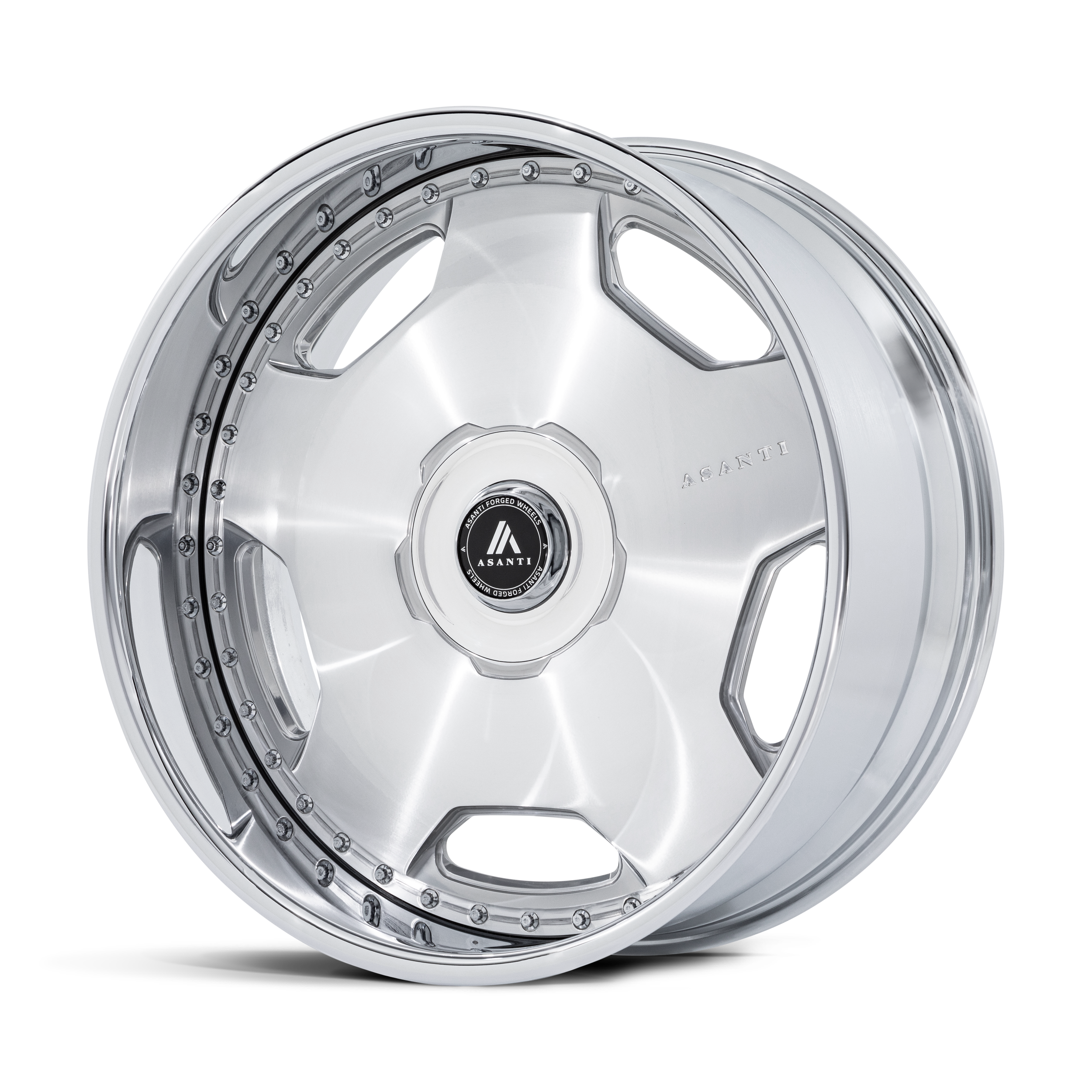 A silver alloy car wheel rim with multiple cutouts and a black center cap bearing the Asanti logo, displayed against a black and white background.