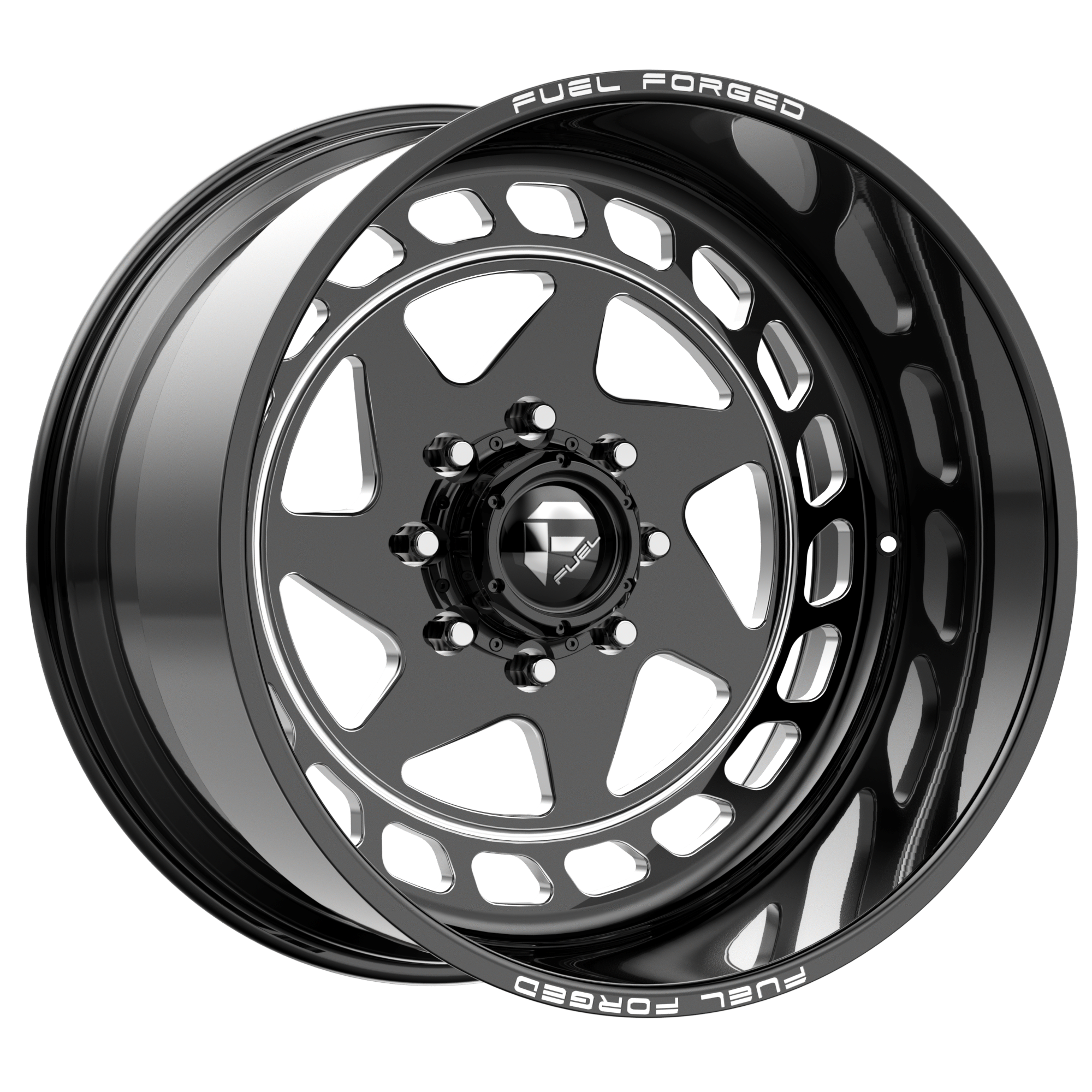 A detailed close-up of a black alloy wheel for a car, featuring a center hub with the Fuel Forger logo, and the words 'FUEL FORGED' inscribed on the rim.