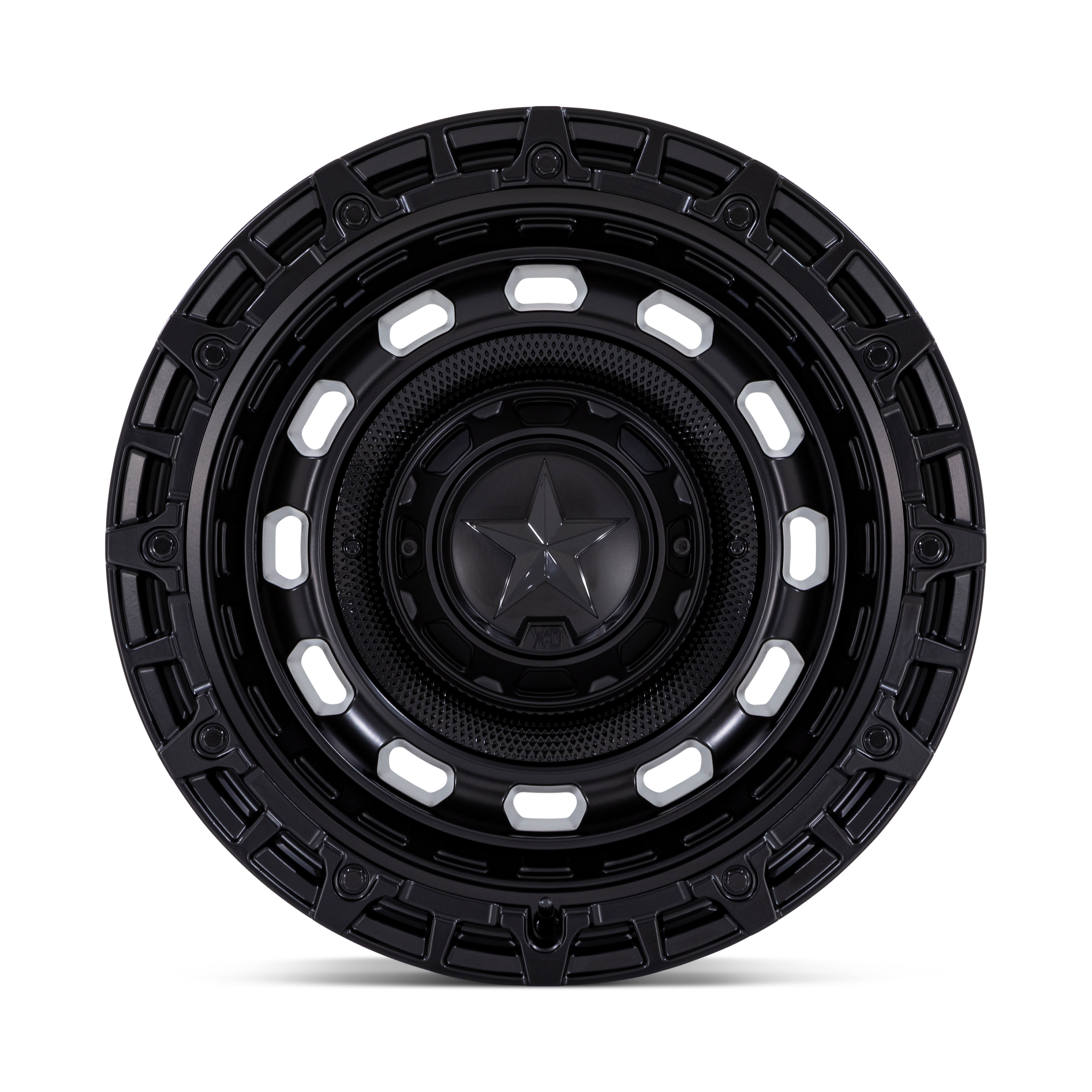 Close-up of a black speaker with a star emblem in the center, featuring circular design and white accents.