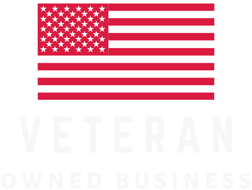American flag with red and black colors above the words "VETERAN OWNED BUSINESS" in white text on a black background.