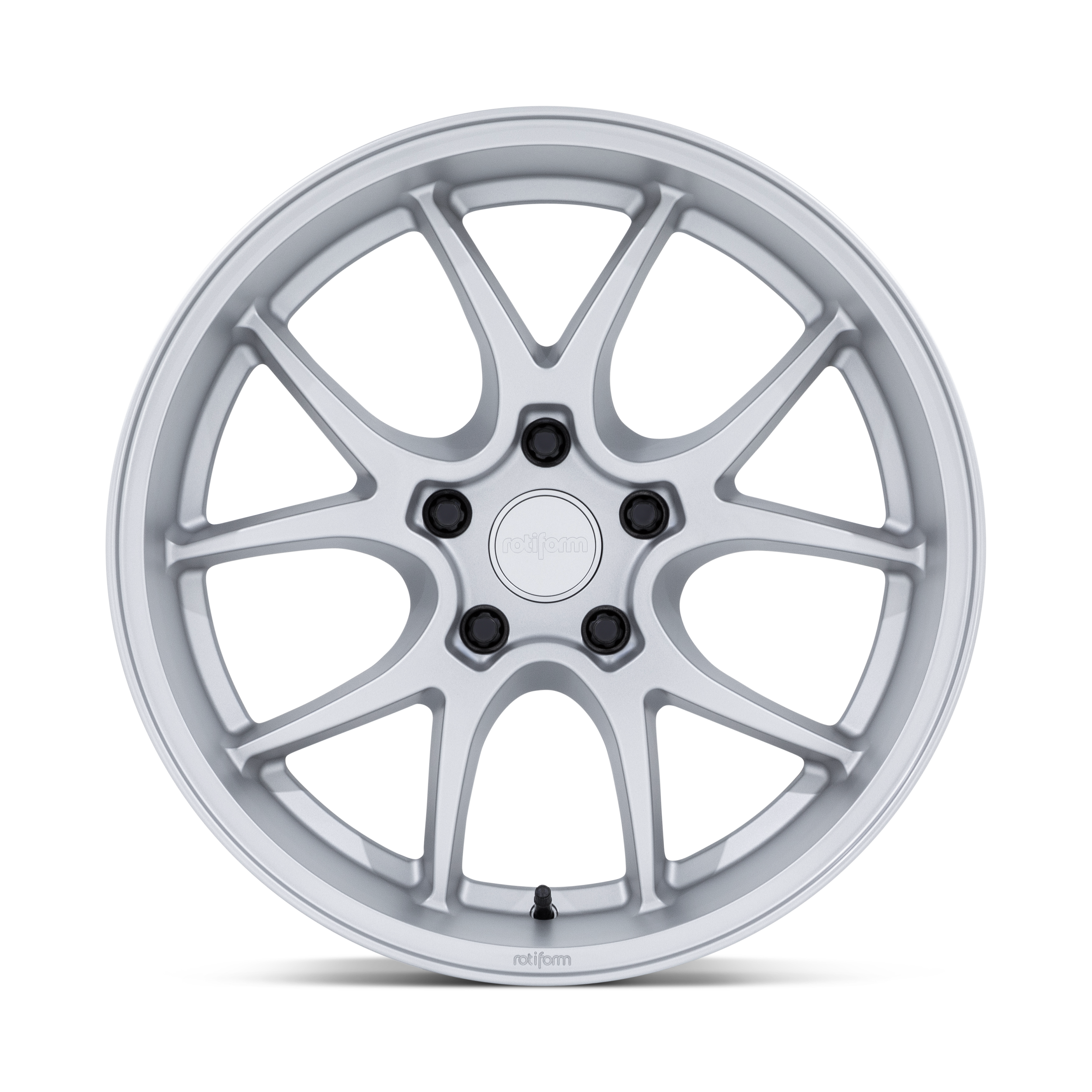 Silver alloy car wheel with a multi-spoke design and black lug nut holes.