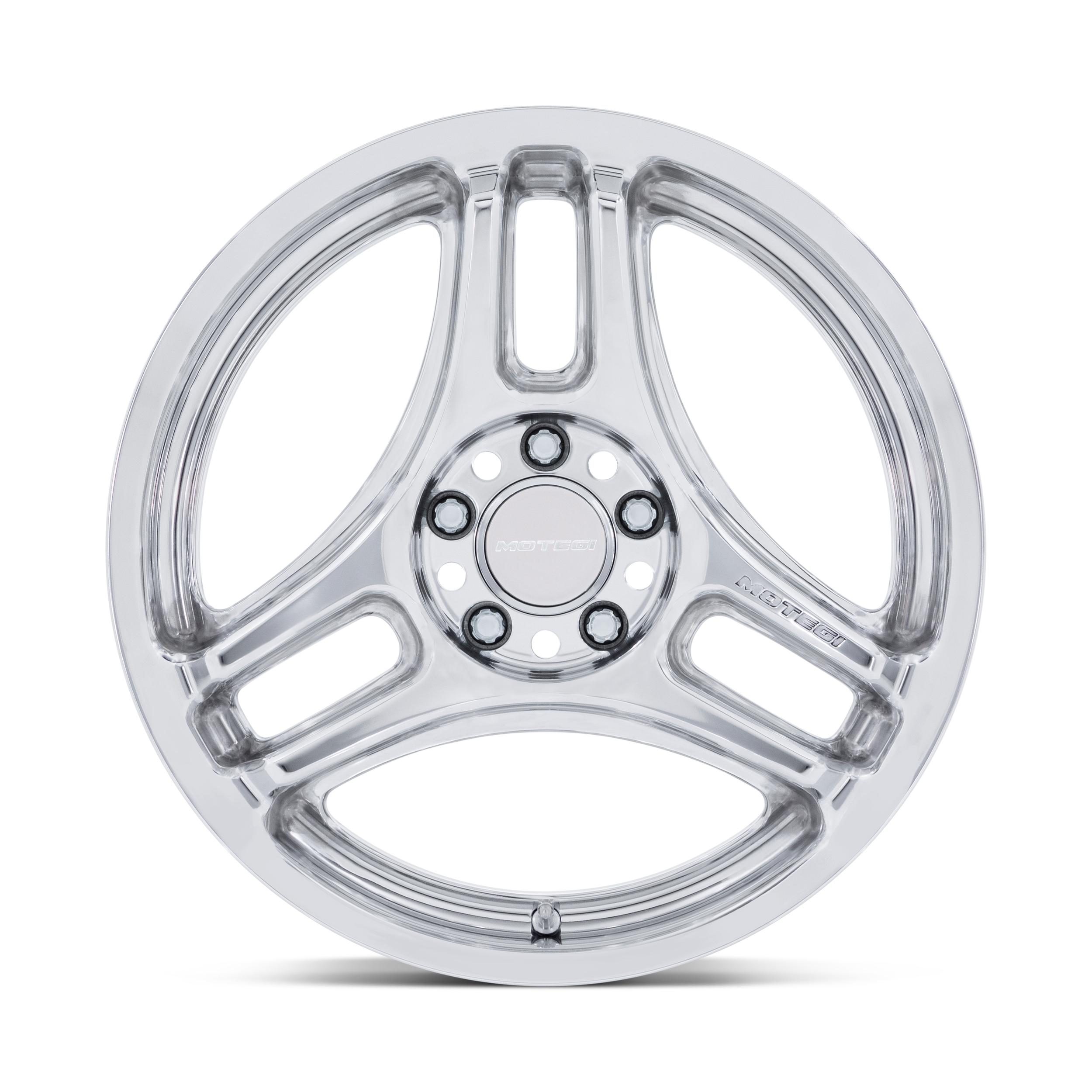 A transparent, multi-spoke alloy wheel with a central hub labeled 'MOTEGI' on a black background.