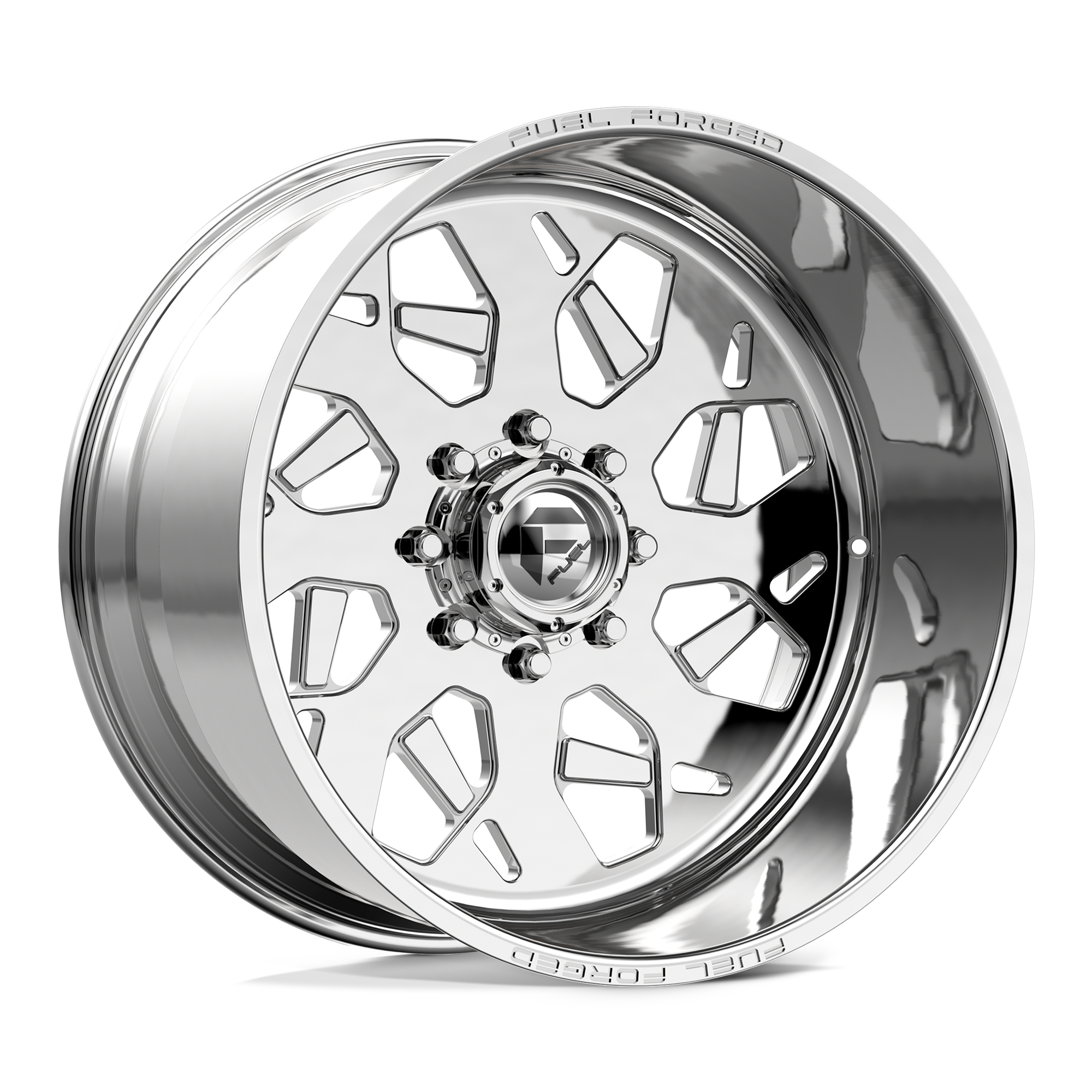 A shiny, metallic, futuristic-looking car wheel rim with the 'Fuel Forged' logo engraved on the outer edge.