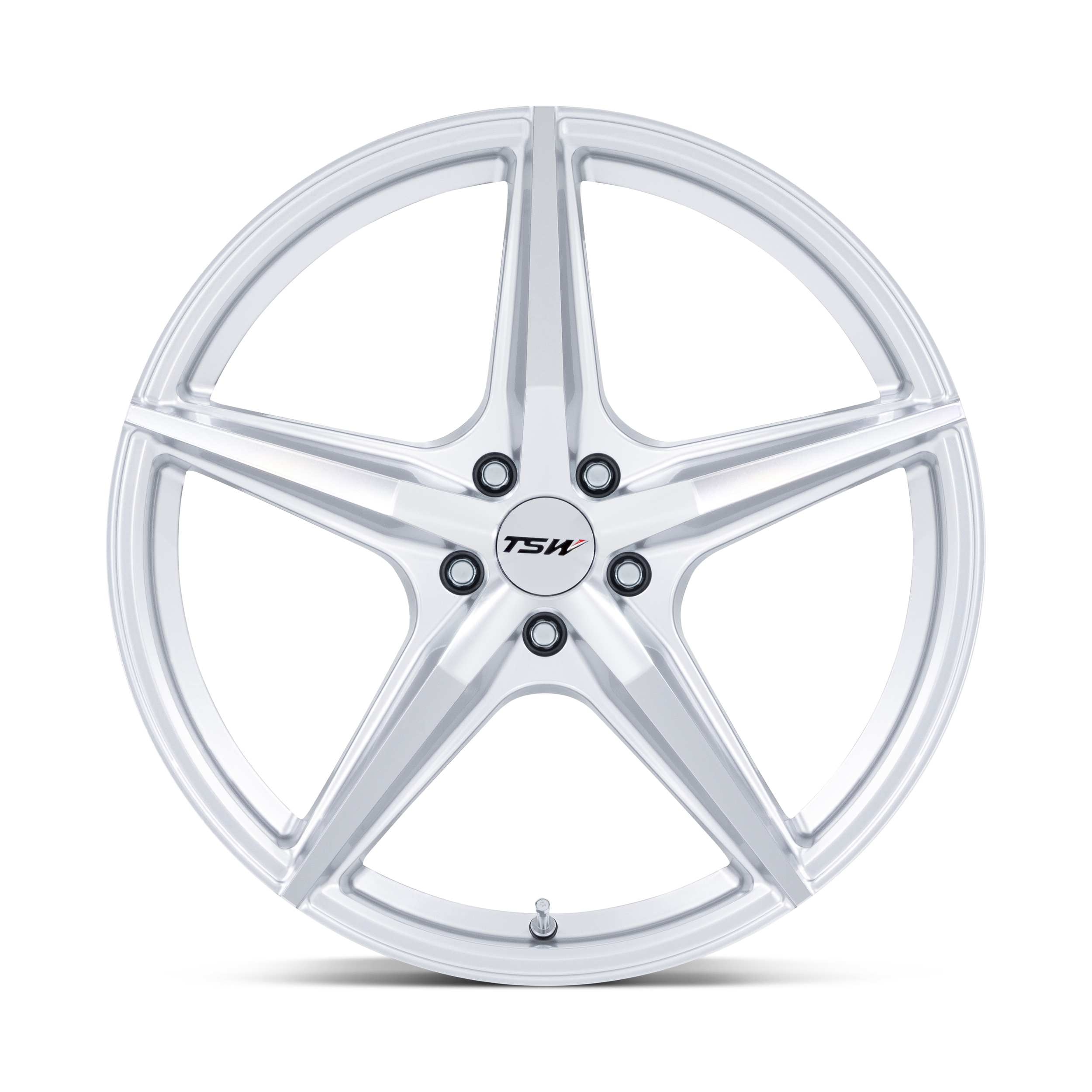 A silver and white five-spoke alloy wheel with the TSW logo in the center.