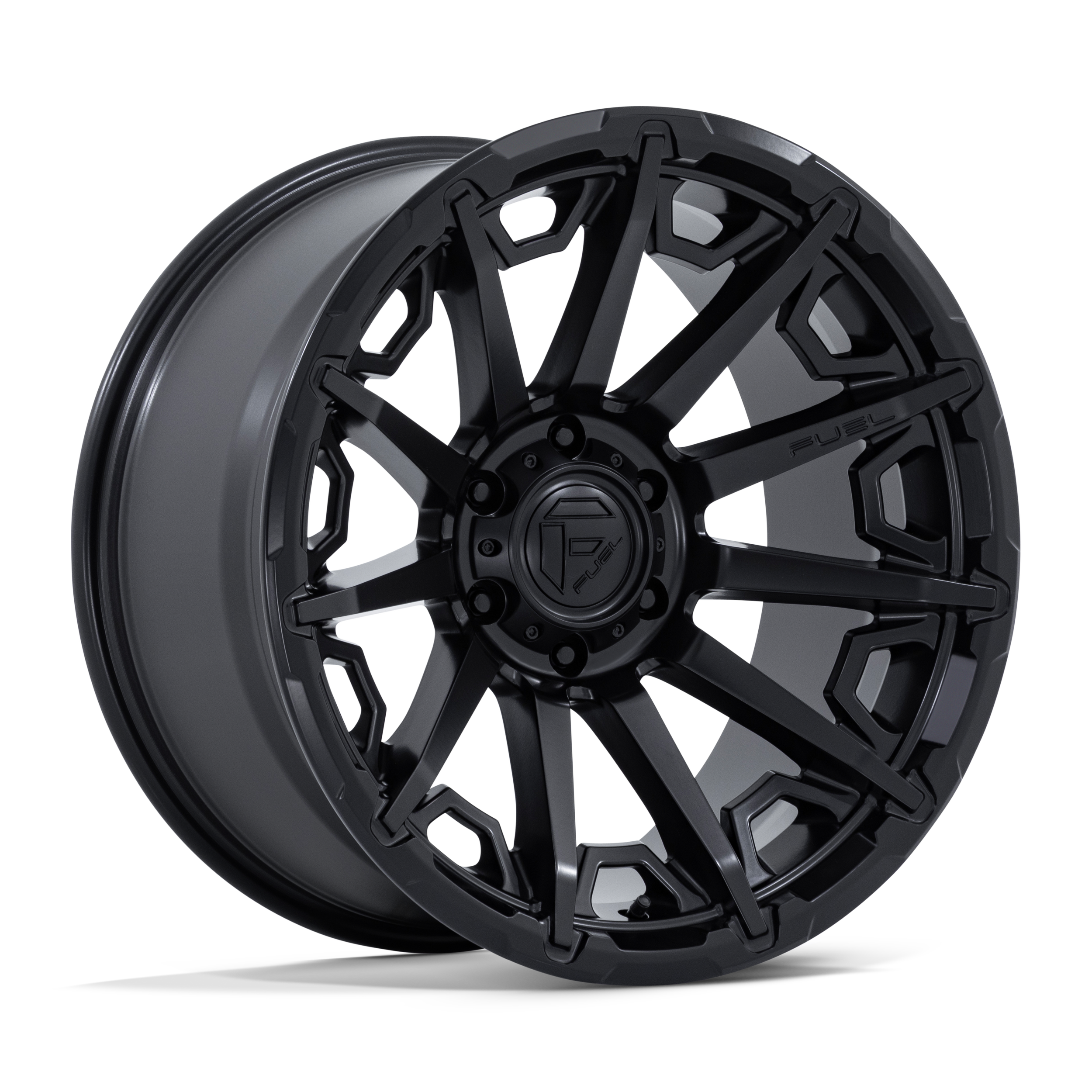 Black and gray aftermarket car wheel rim with intricate spoke design.