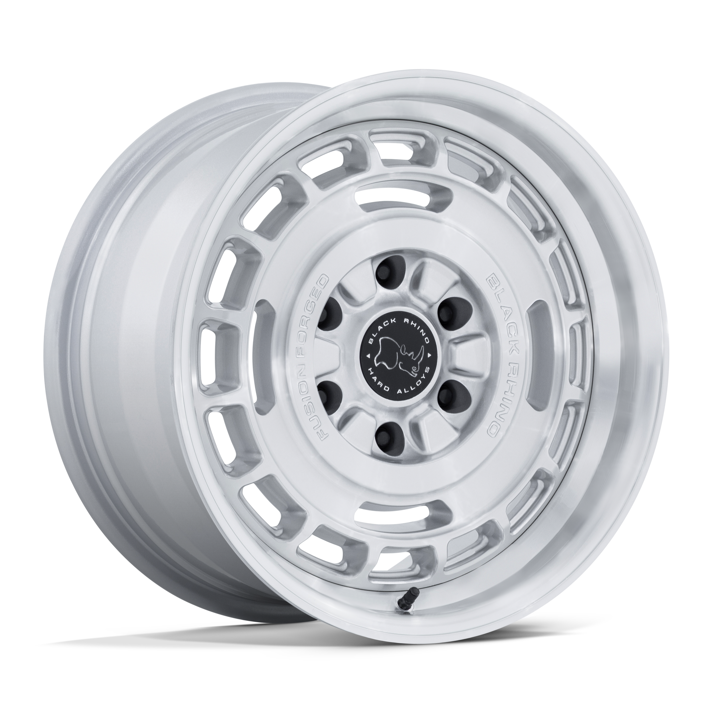 Two white alloy wheels with black accents, featuring the Black Rhino logo, stacked against a black background.